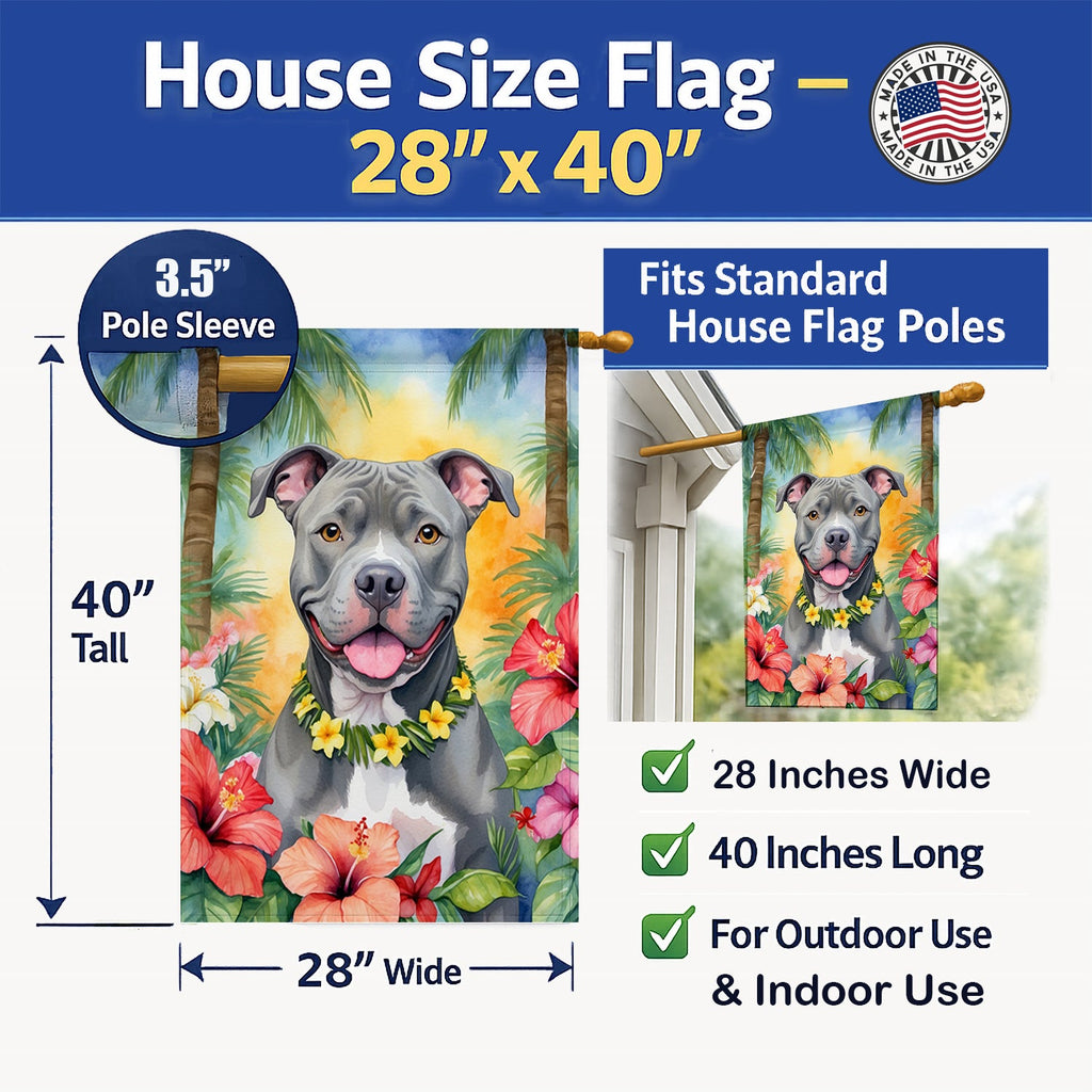 Pit Bull Terrier Luau House Flag 28x40 Porch Sleeve Pole Decorative Outside Yard Banner Artwork Wall Hanging, Polyester