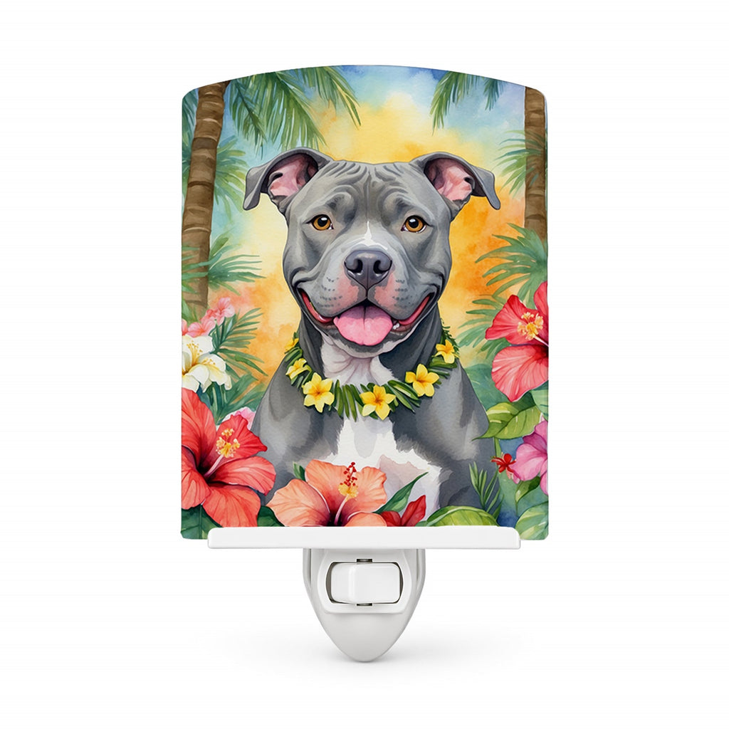 Pit Bull Terrier Luau Ceramic Night Light Compact, UL-Certified, Ideal for Bedroom, Bathroom, Nursery, Hallway, Kitchen, 6x4x3, Multicolor