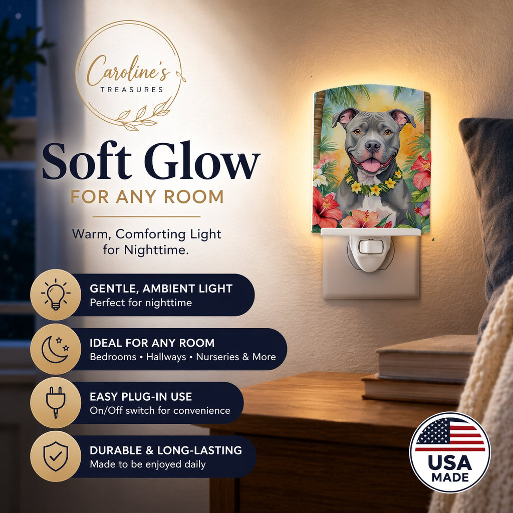 Pit Bull Terrier Luau Ceramic Night Light Compact, UL-Certified, Ideal for Bedroom, Bathroom, Nursery, Hallway, Kitchen, 6x4x3, Multicolor