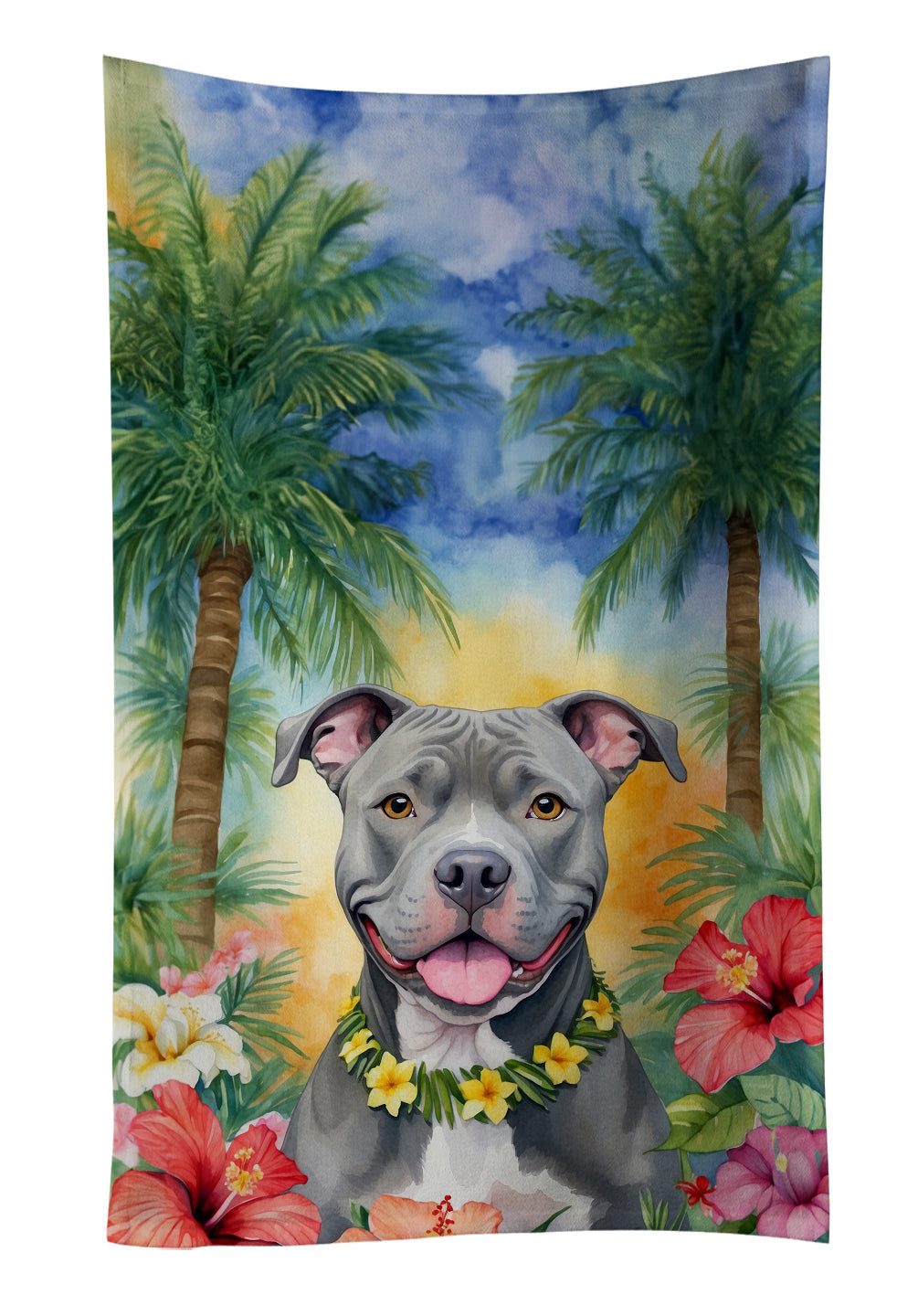 Pit Bull Terrier Luau Kitchen Towel Velour Plush Front and Cotton Loop Back Machine Washable