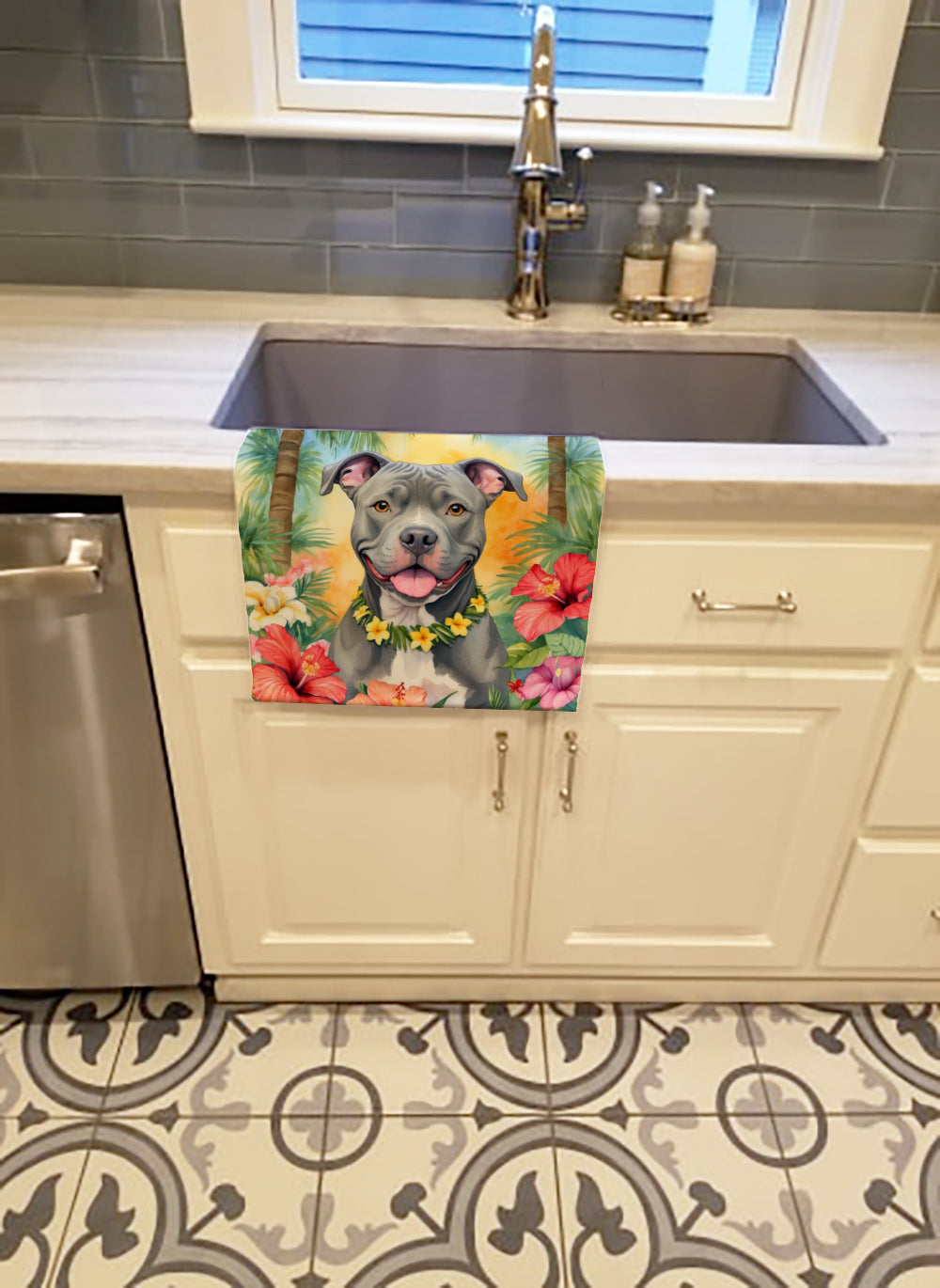 Pit Bull Terrier Luau Kitchen Towel Velour Plush Front and Cotton Loop Back Machine Washable