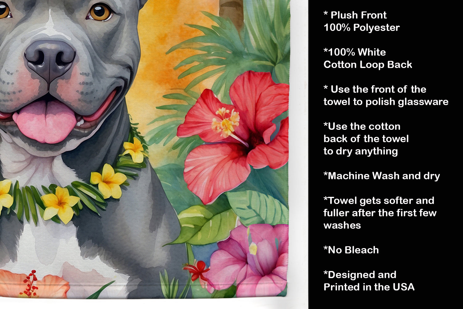 Pit Bull Terrier Luau Kitchen Towel Velour Plush Front and Cotton Loop Back Machine Washable