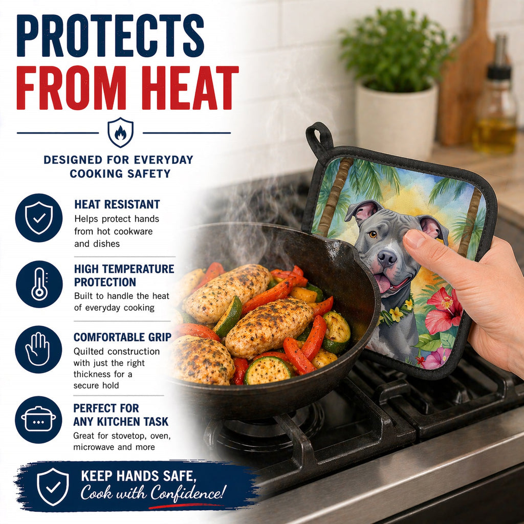 Pit Bull Terrier Luau Pot Holder Set of 2 Heat Resistant Quilted Hot Pads 7.5 x 7.5 Inch, Insulated Kitchen Trivets for Cooking & Baking