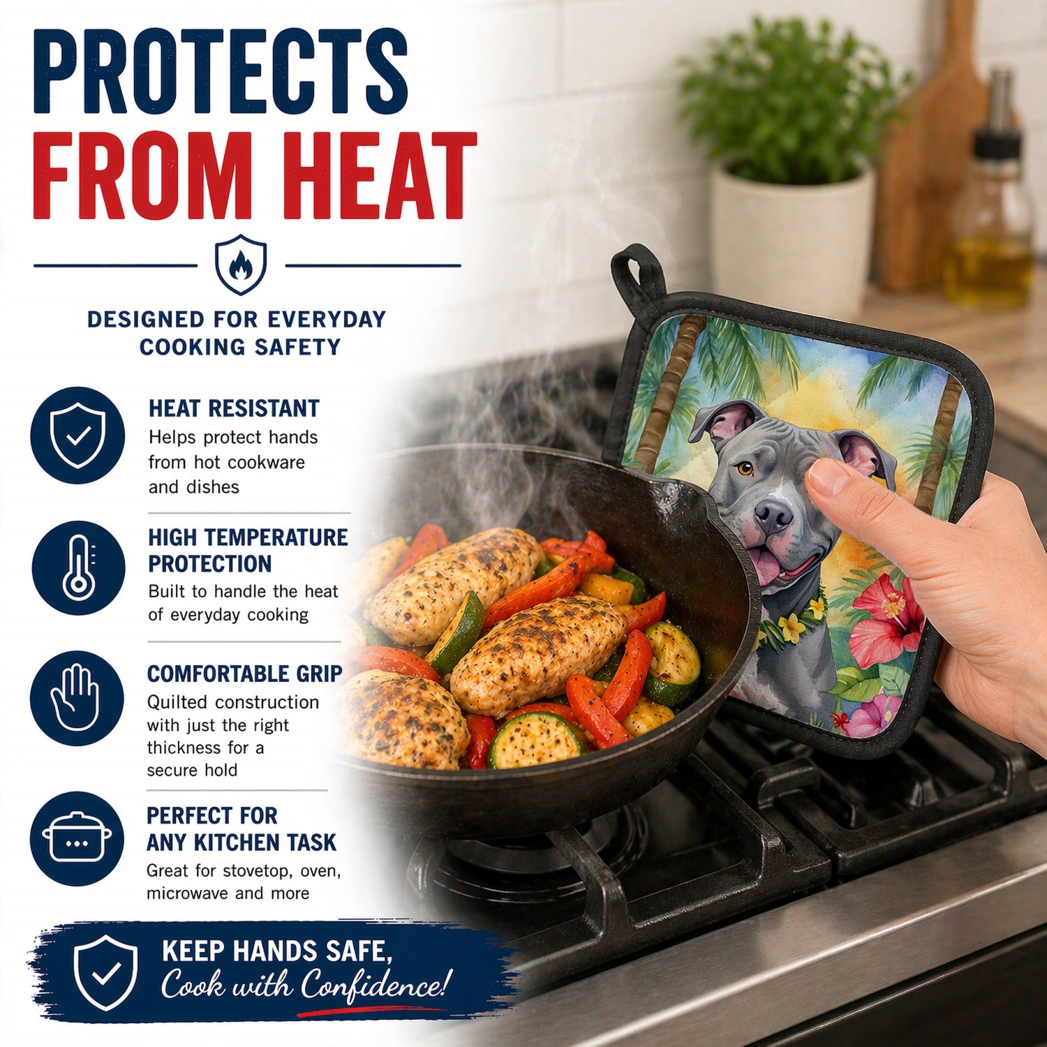 Pit Bull Terrier Luau Pot Holder Set of 2 Heat Resistant Quilted Hot Pads 7.5 x 7.5 Inch, Insulated Kitchen Trivets for Cooking & Baking