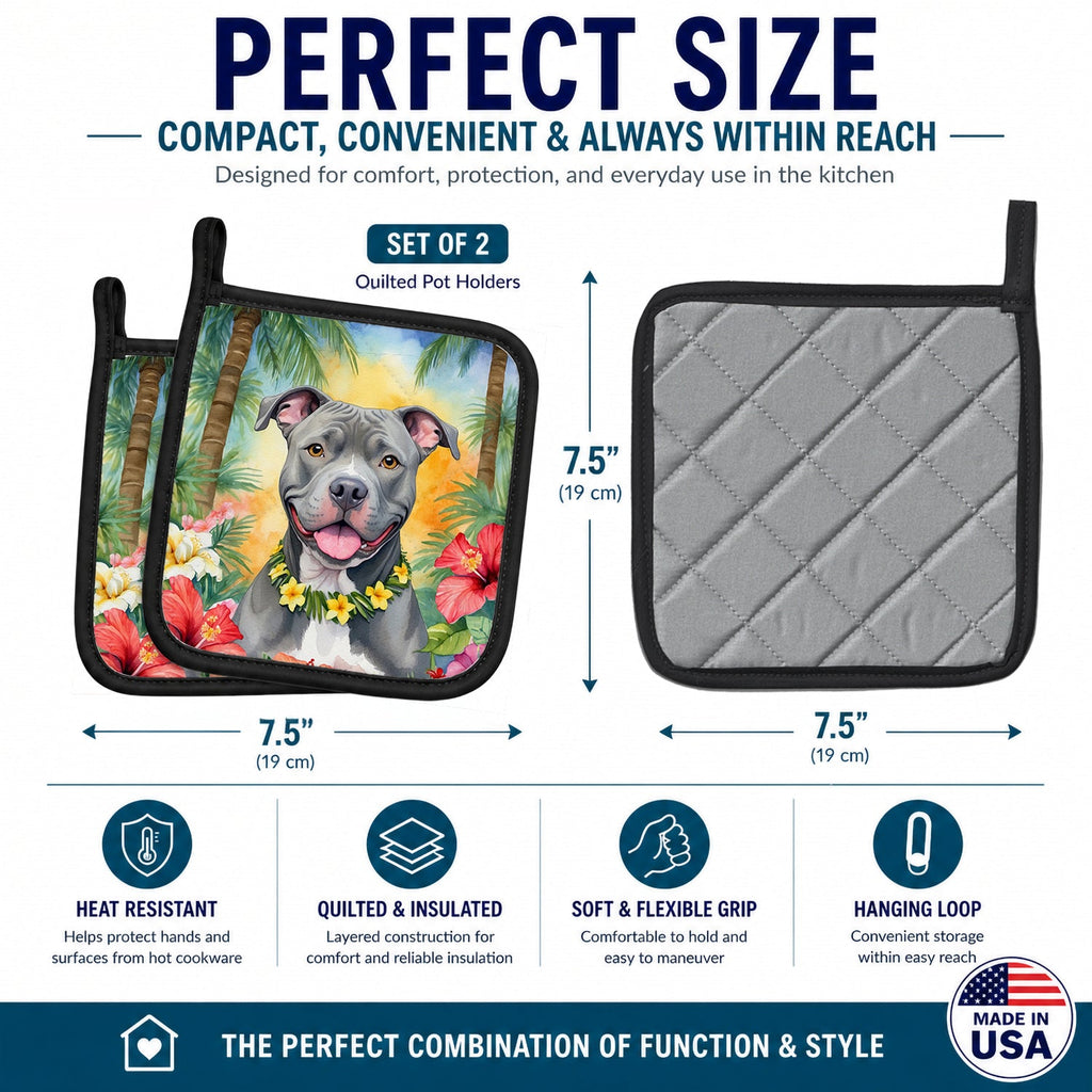 Pit Bull Terrier Luau Pot Holder Set of 2 Heat Resistant Quilted Hot Pads 7.5 x 7.5 Inch, Insulated Kitchen Trivets for Cooking & Baking