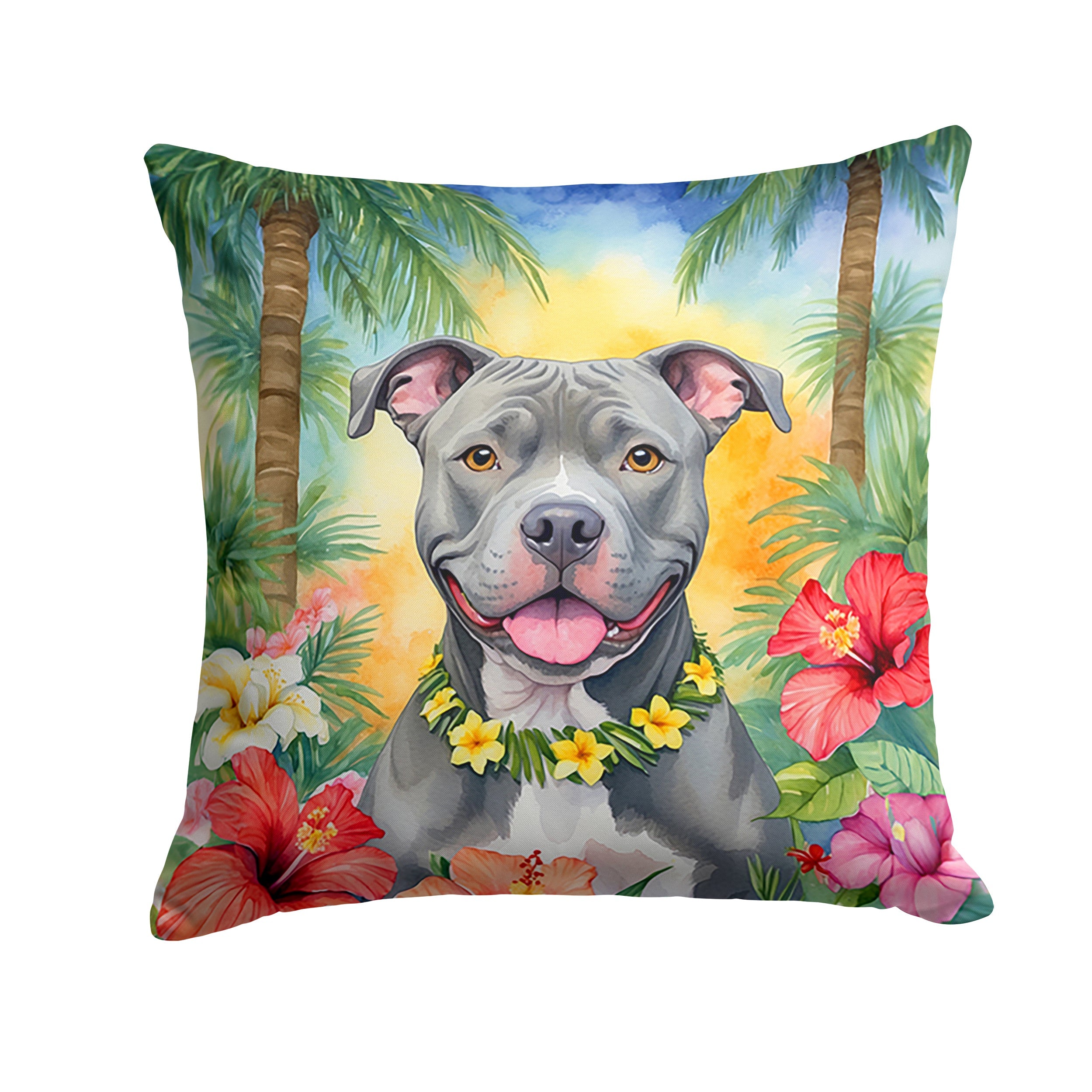 Pit Bull Terrier Luau Decorative Throw Pillow 14x14 Indoor Outdoor Accent Cushion, Fabric Cover with Insert for Sofa, Bed, Porch & Living Room