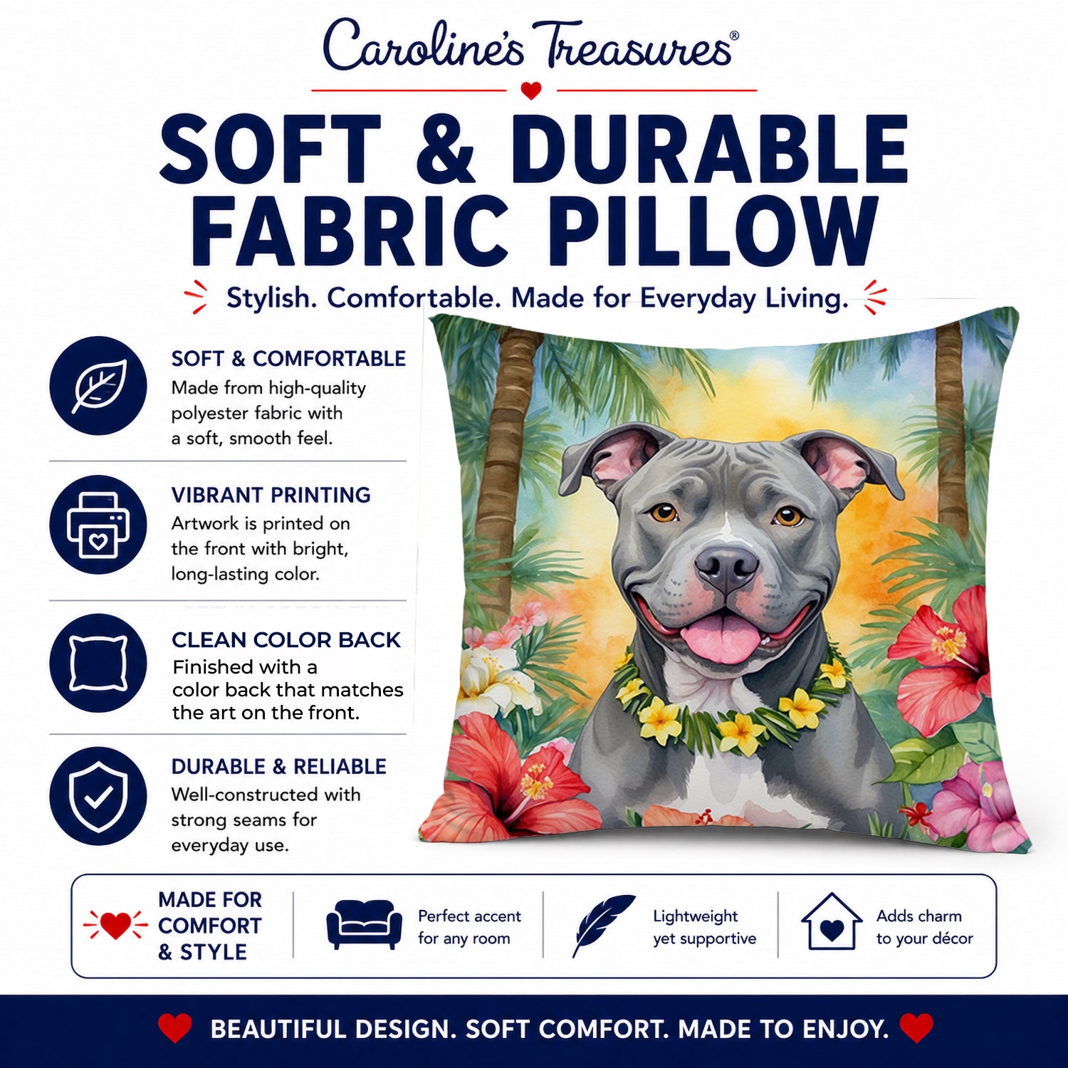 Pit Bull Terrier Luau Decorative Throw Pillow 14x14 Indoor Outdoor Accent Cushion, Fabric Cover with Insert for Sofa, Bed, Porch & Living Room