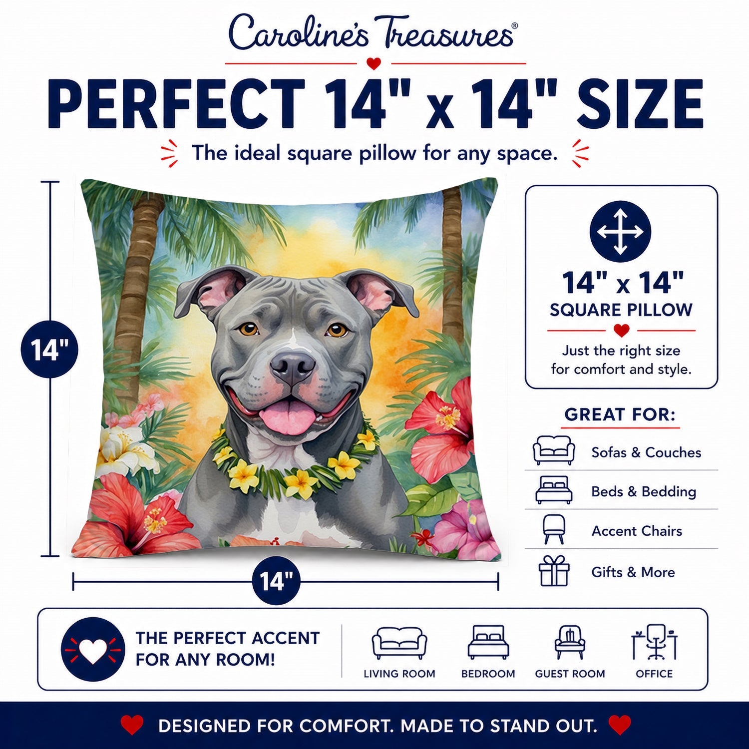 Pit Bull Terrier Luau Decorative Throw Pillow 14x14 Indoor Outdoor Accent Cushion, Fabric Cover with Insert for Sofa, Bed, Porch & Living Room