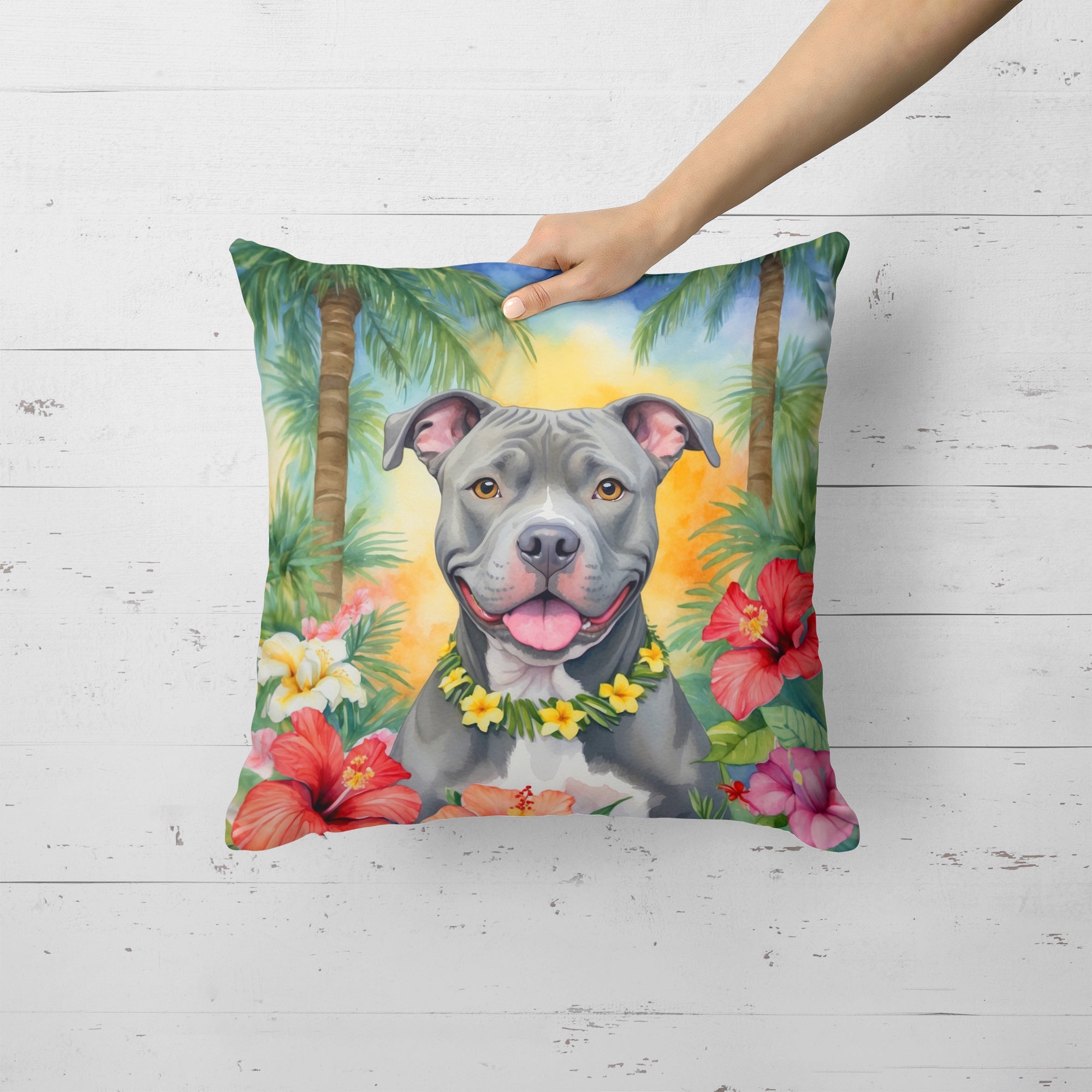 Pit Bull Terrier Luau Decorative Throw Pillow 18x18 Indoor Outdoor Accent Cushion, Fabric Cover with Insert for Sofa, Bed, Porch & Living Room
