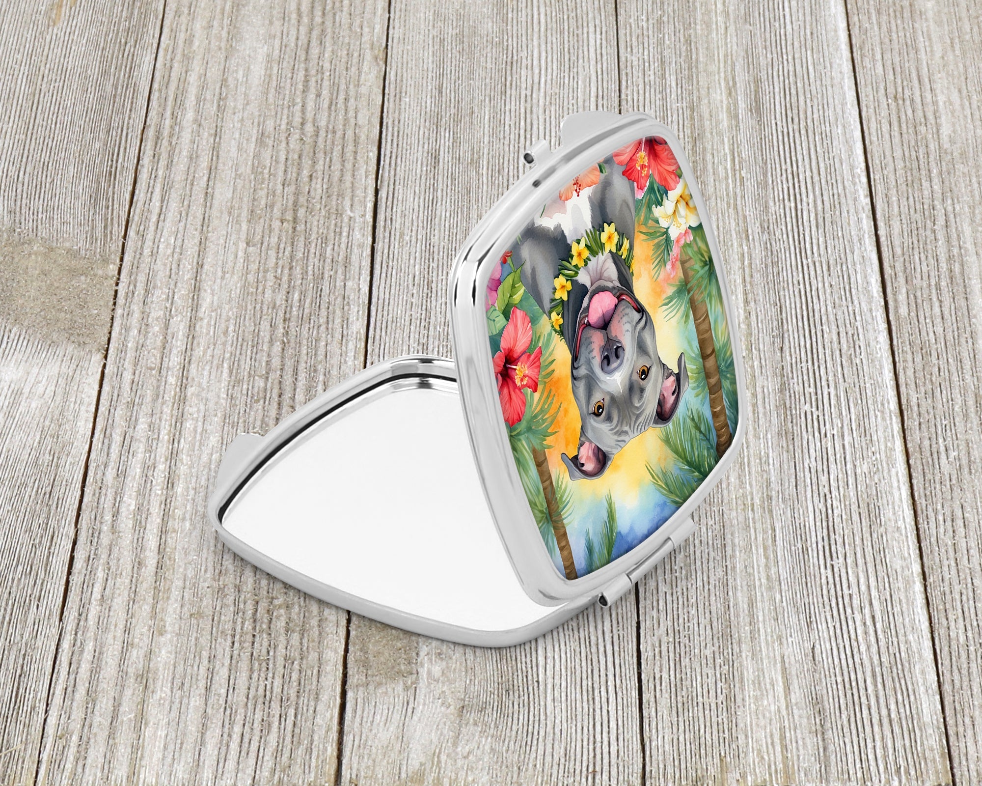 Pit Bull Terrier Luau Compact Mirror Decorative Travel Makeup Mirror for Women Girls Gifts Pocket Makeup Mirror Folding Handheld