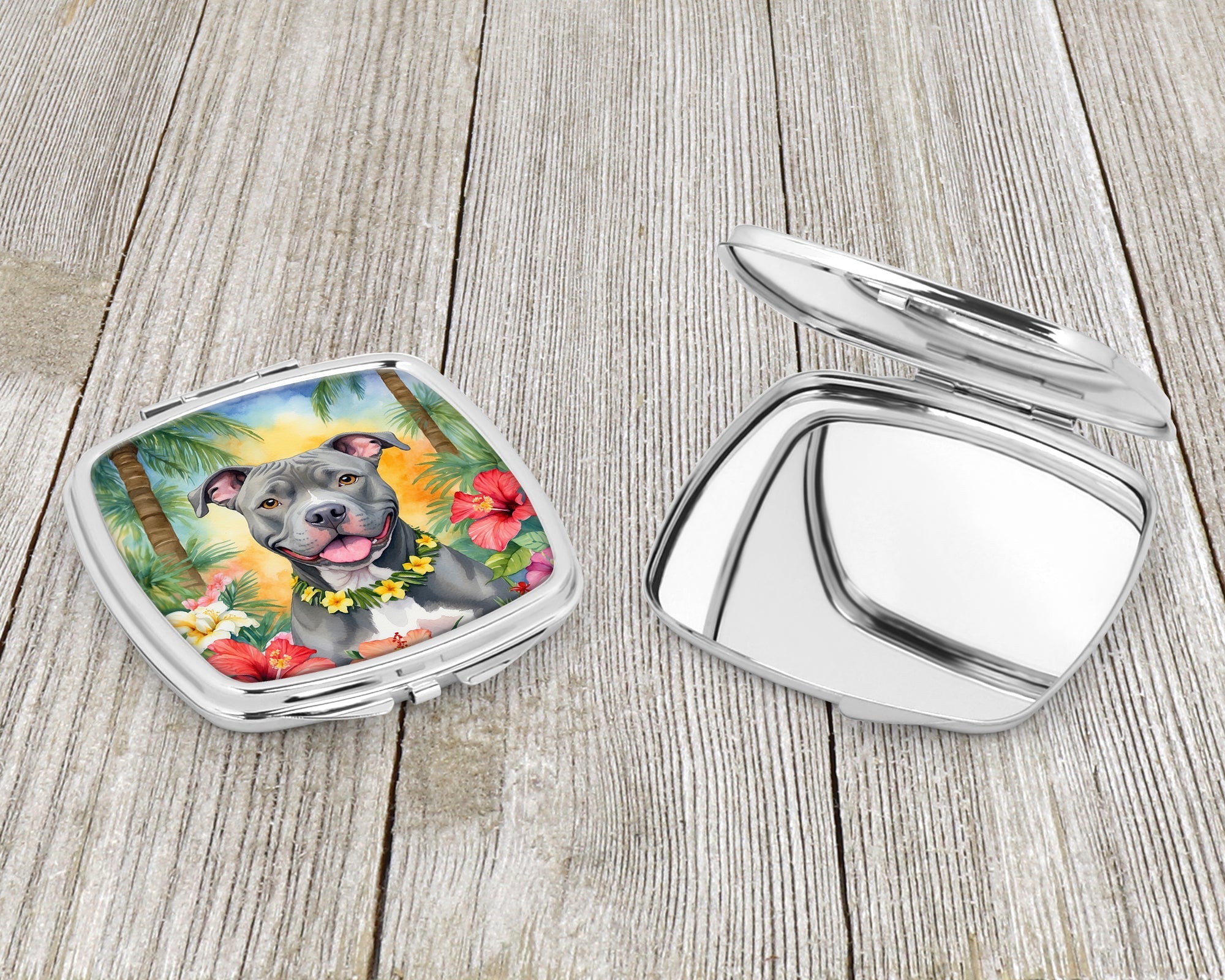 Pit Bull Terrier Luau Compact Mirror Decorative Travel Makeup Mirror for Women Girls Gifts Pocket Makeup Mirror Folding Handheld