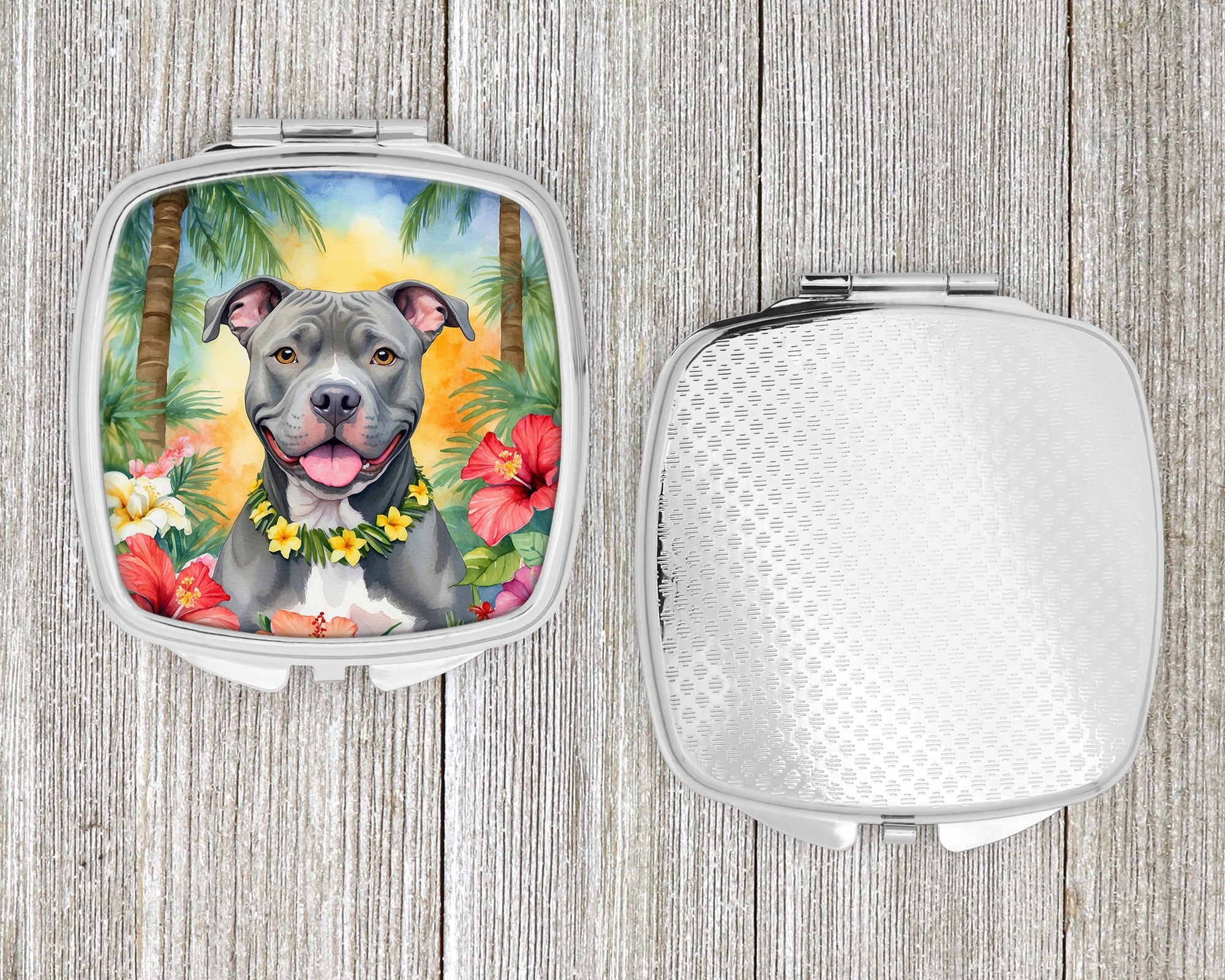 Pit Bull Terrier Luau Compact Mirror Decorative Travel Makeup Mirror for Women Girls Gifts Pocket Makeup Mirror Folding Handheld