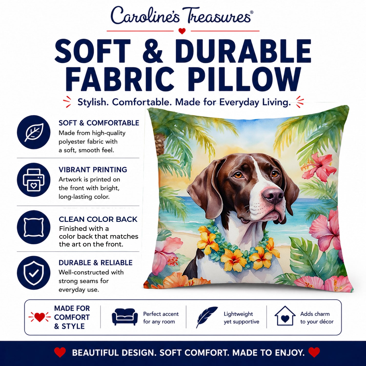 Pointer Luau Decorative Throw Pillow 14x14 Indoor Outdoor Accent Cushion, Fabric Cover with Insert for Sofa, Bed, Porch & Living Room