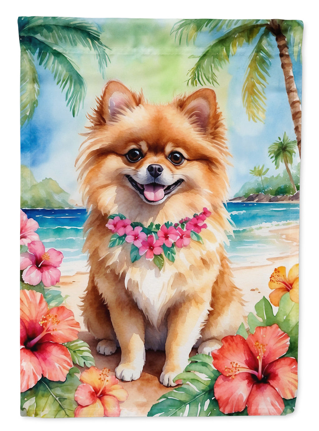 Pomeranian Luau House Flag 28x40 Porch Sleeve Pole Decorative Outside Yard Banner Artwork Wall Hanging, Polyester