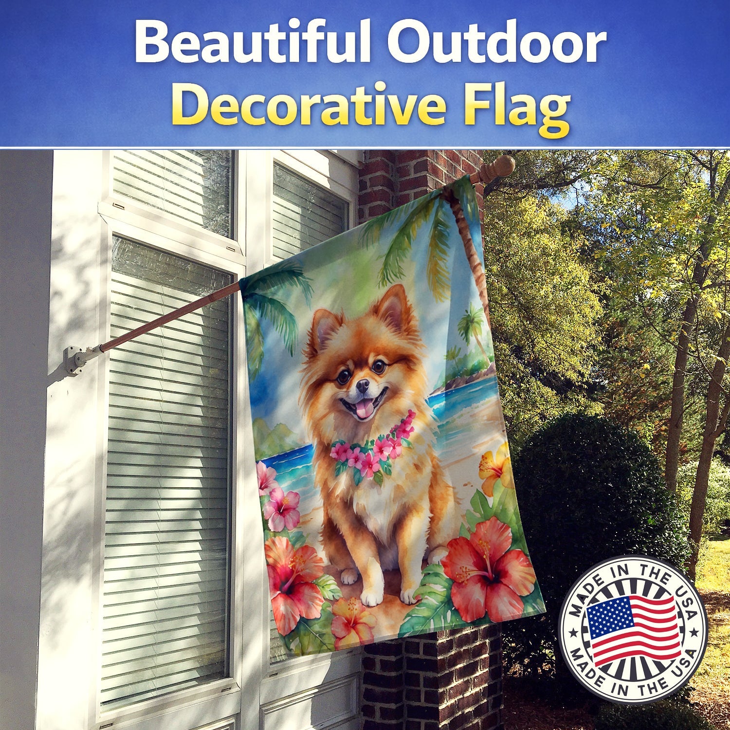 Pomeranian Luau House Flag 28x40 Porch Sleeve Pole Decorative Outside Yard Banner Artwork Wall Hanging, Polyester