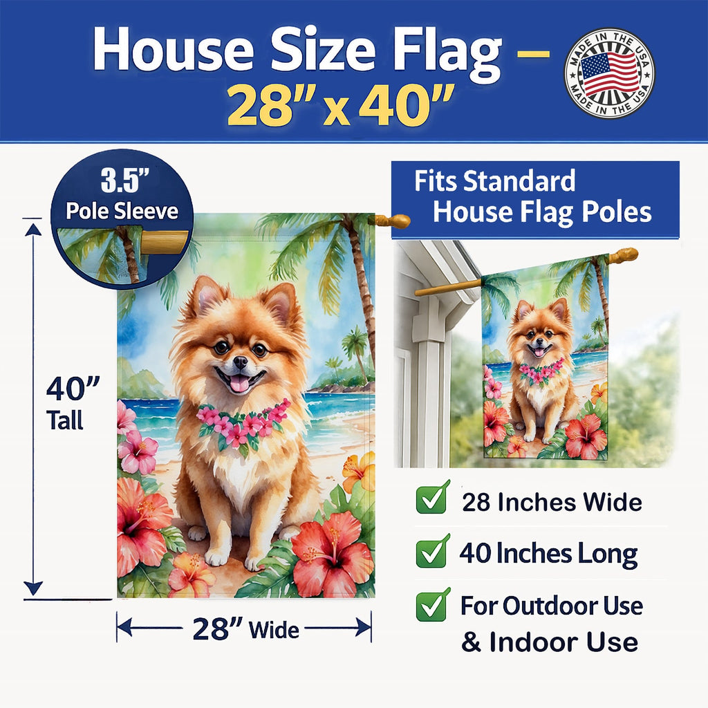 Pomeranian Luau House Flag 28x40 Porch Sleeve Pole Decorative Outside Yard Banner Artwork Wall Hanging, Polyester