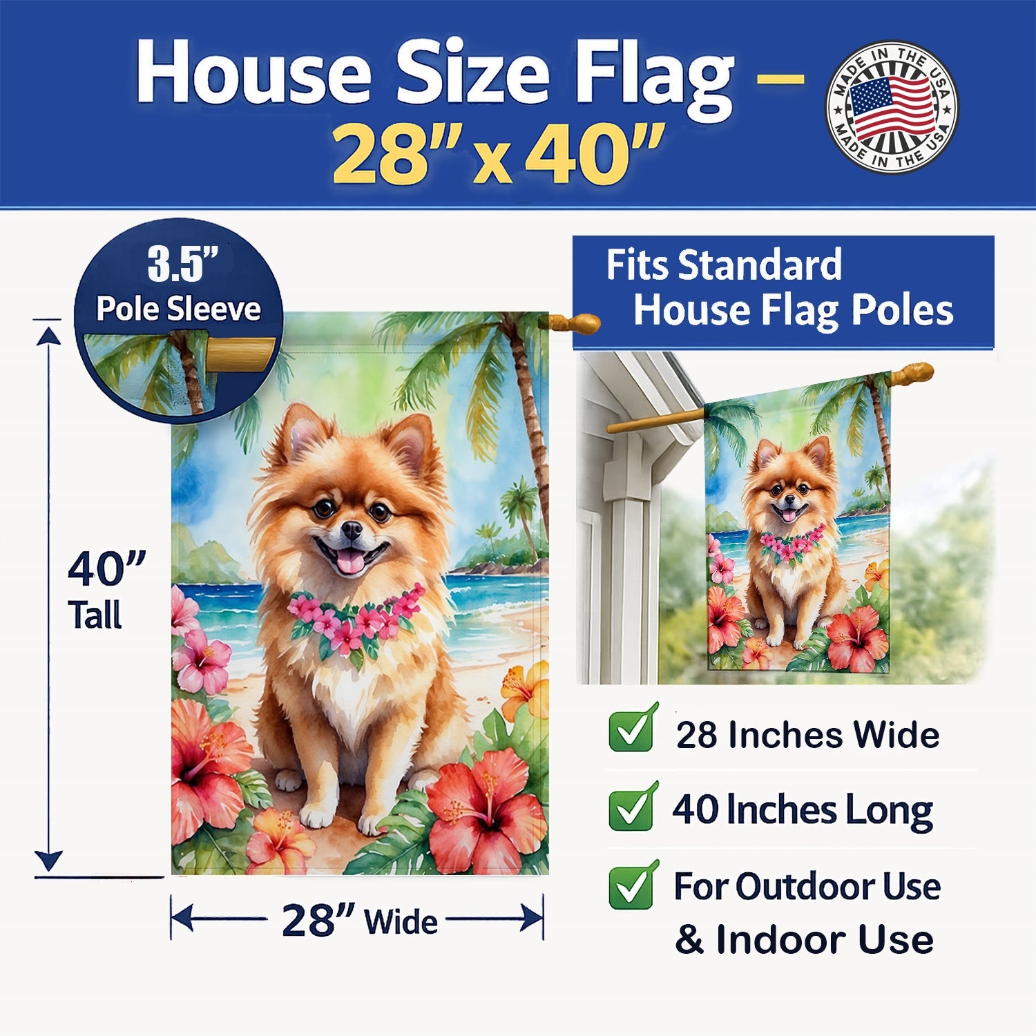 Pomeranian Luau House Flag 28x40 Porch Sleeve Pole Decorative Outside Yard Banner Artwork Wall Hanging, Polyester
