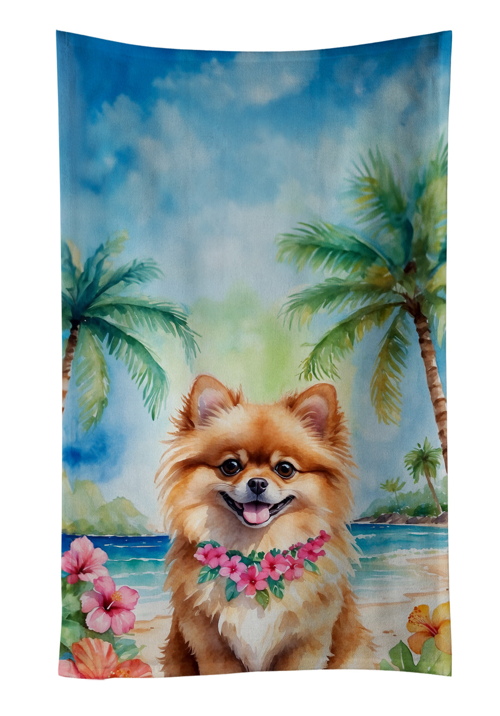 Pomeranian Luau Kitchen Towel Velour Plush Front and Cotton Loop Back Machine Washable