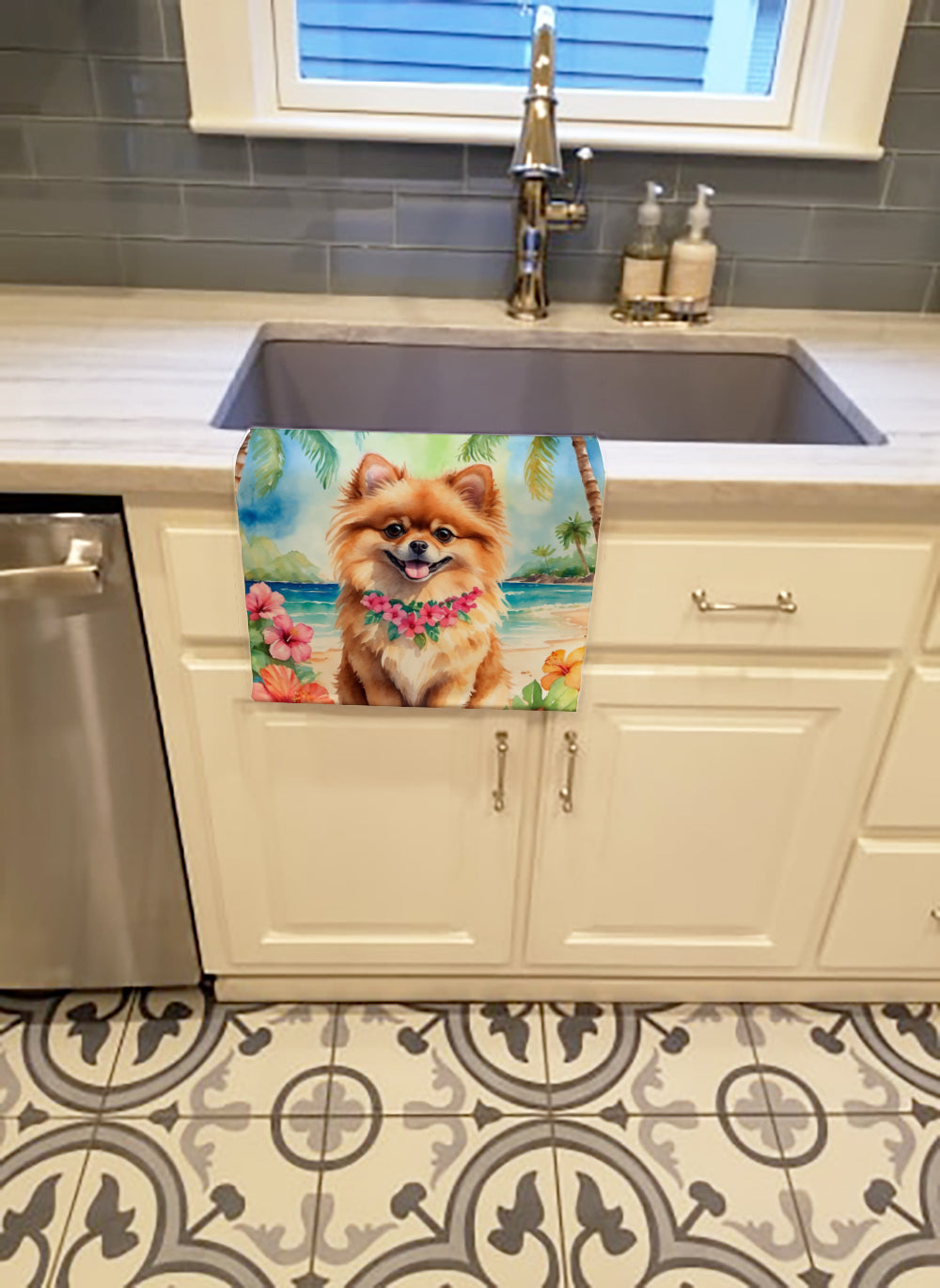 Pomeranian Luau Kitchen Towel Velour Plush Front and Cotton Loop Back Machine Washable
