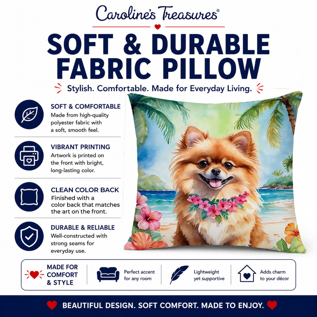 Pomeranian Luau Decorative Throw Pillow 14x14 Indoor Outdoor Accent Cushion, Fabric Cover with Insert for Sofa, Bed, Porch & Living Room