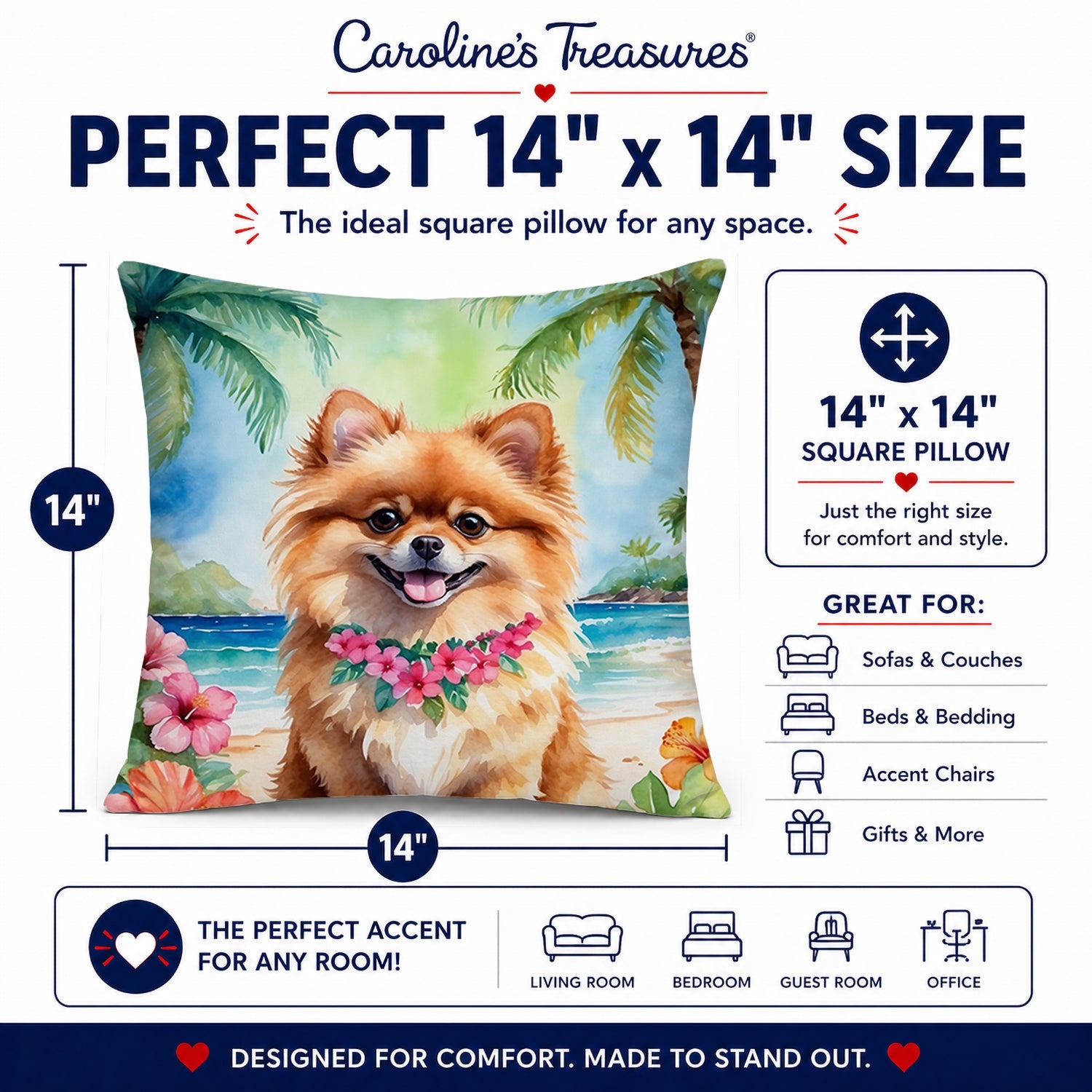 Pomeranian Luau Decorative Throw Pillow 14x14 Indoor Outdoor Accent Cushion, Fabric Cover with Insert for Sofa, Bed, Porch & Living Room
