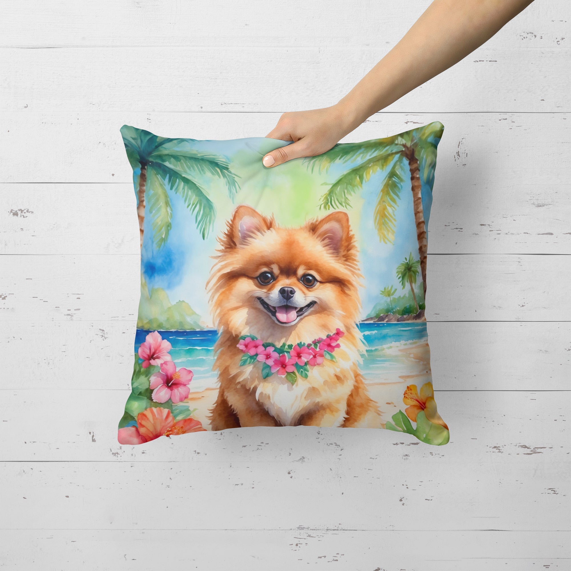 Pomeranian Luau Decorative Throw Pillow 18x18 Indoor Outdoor Accent Cushion, Fabric Cover with Insert for Sofa, Bed, Porch & Living Room