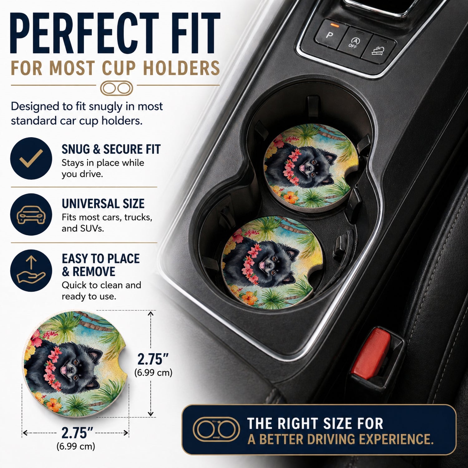 Pomeranian Luau Set of 2 Cup Holder Car Coasters Absorbent Round Sandstone Coasters Gifts for Men or Women, 2.5, Multicolor