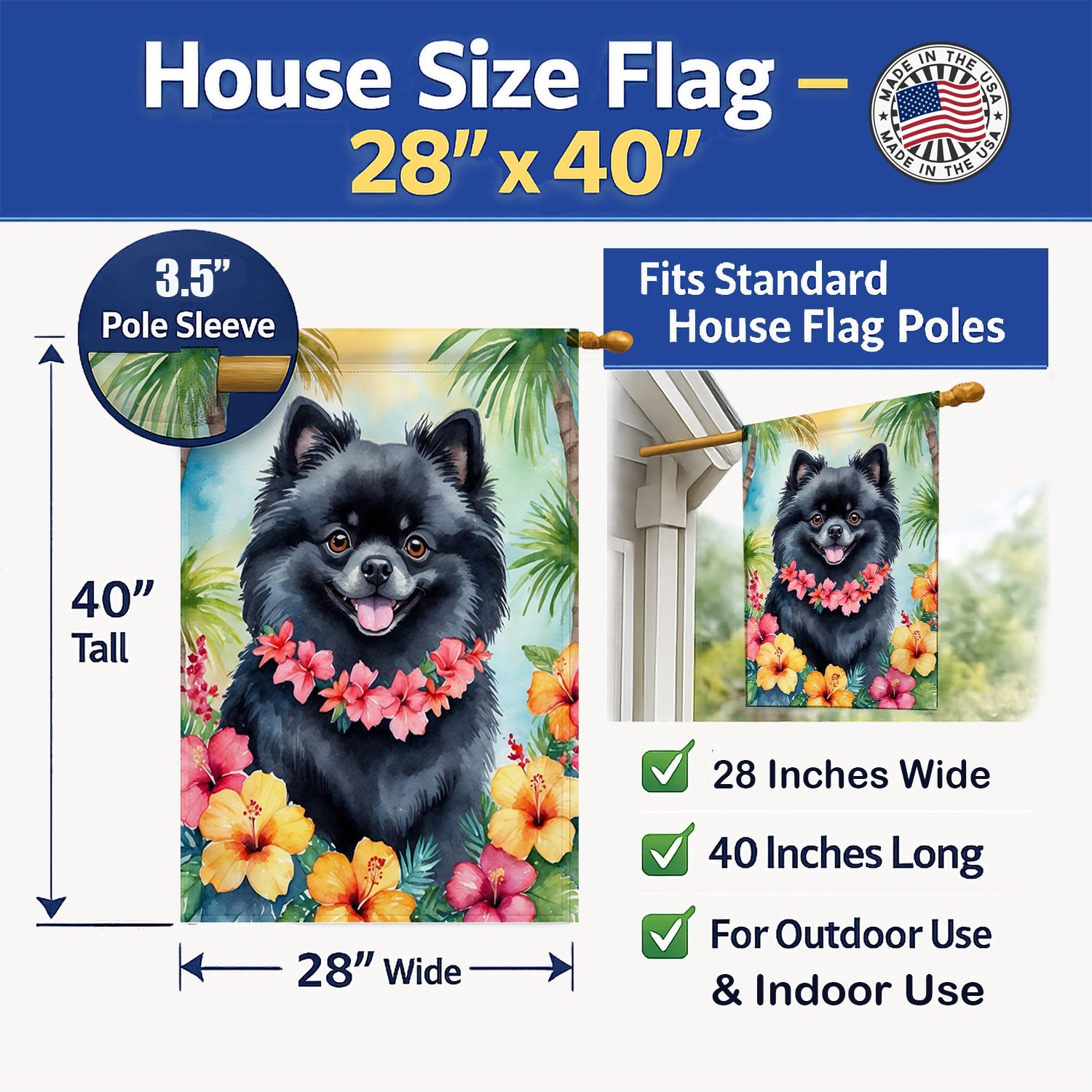 Pomeranian Luau House Flag 28x40 Porch Sleeve Pole Decorative Outside Yard Banner Artwork Wall Hanging, Polyester