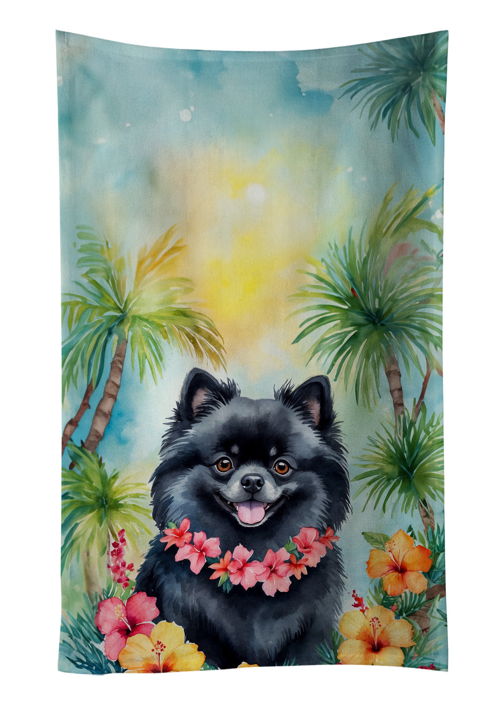 Pomeranian Luau Kitchen Towel Velour Plush Front and Cotton Loop Back Machine Washable