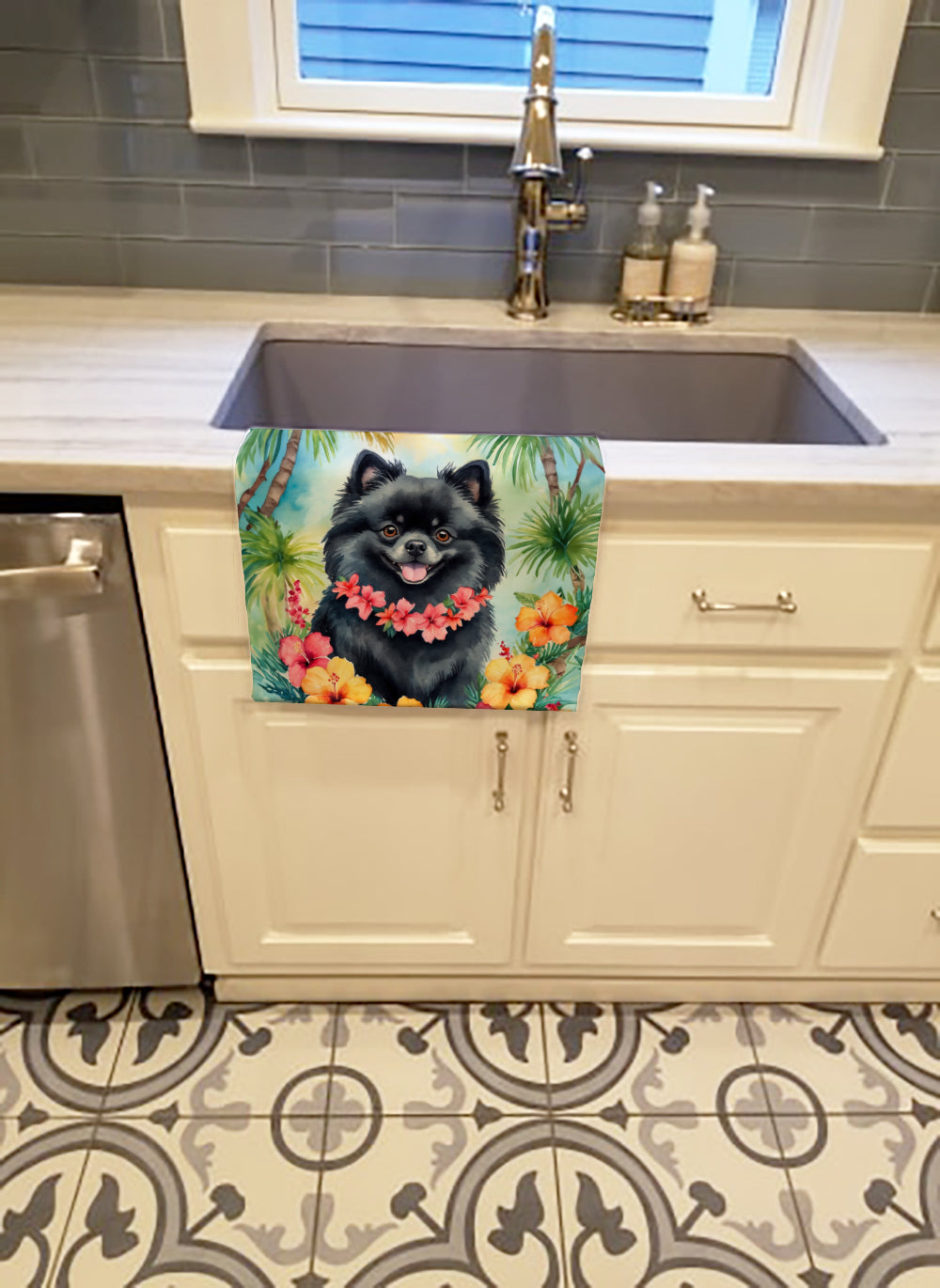 Pomeranian Luau Kitchen Towel Velour Plush Front and Cotton Loop Back Machine Washable
