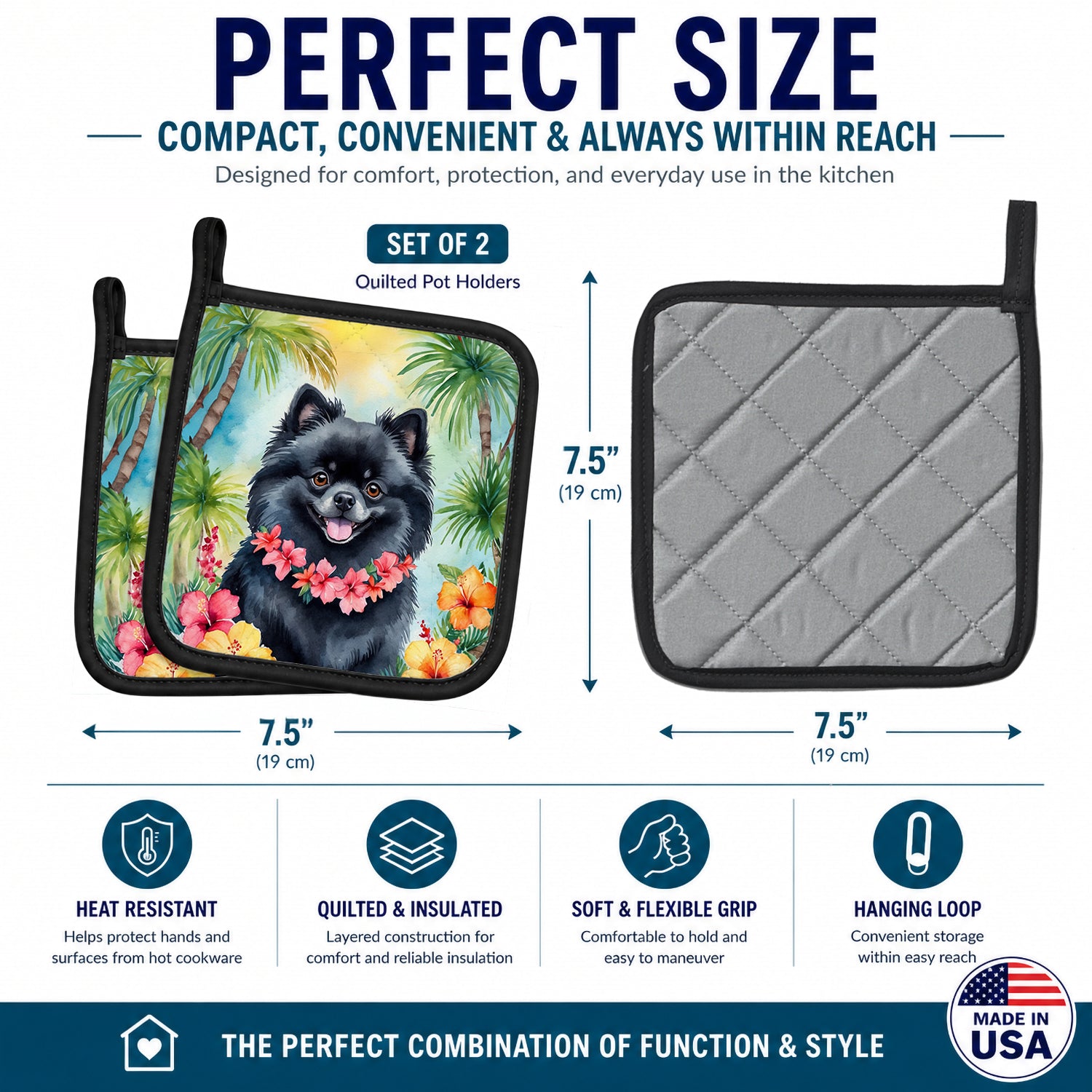 Pomeranian Luau Pot Holder Set of 2 Heat Resistant Quilted Hot Pads 7.5 x 7.5 Inch, Insulated Kitchen Trivets for Cooking & Baking
