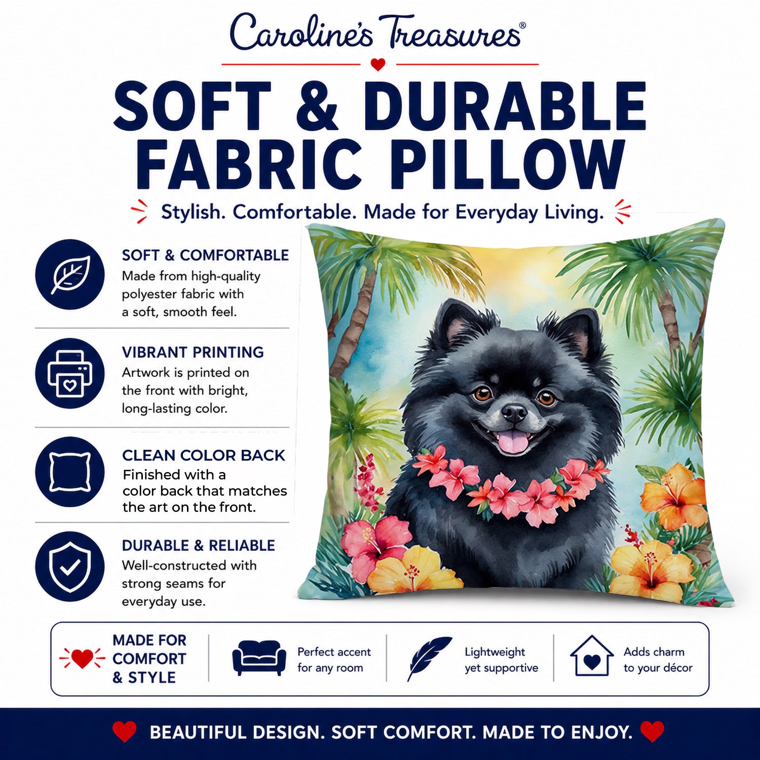 Pomeranian Luau Decorative Throw Pillow 14x14 Indoor Outdoor Accent Cushion, Fabric Cover with Insert for Sofa, Bed, Porch & Living Room