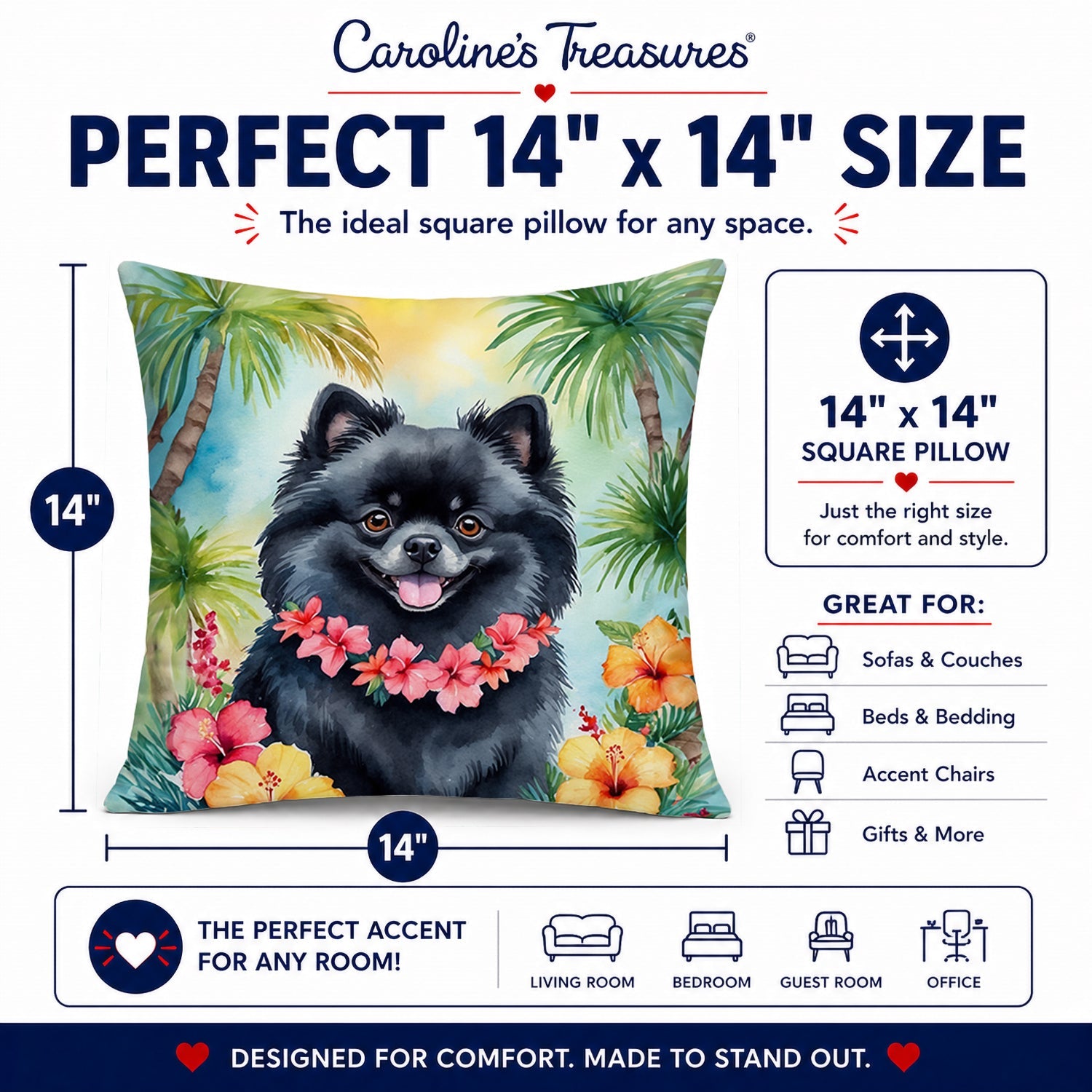 Pomeranian Luau Decorative Throw Pillow 14x14 Indoor Outdoor Accent Cushion, Fabric Cover with Insert for Sofa, Bed, Porch & Living Room