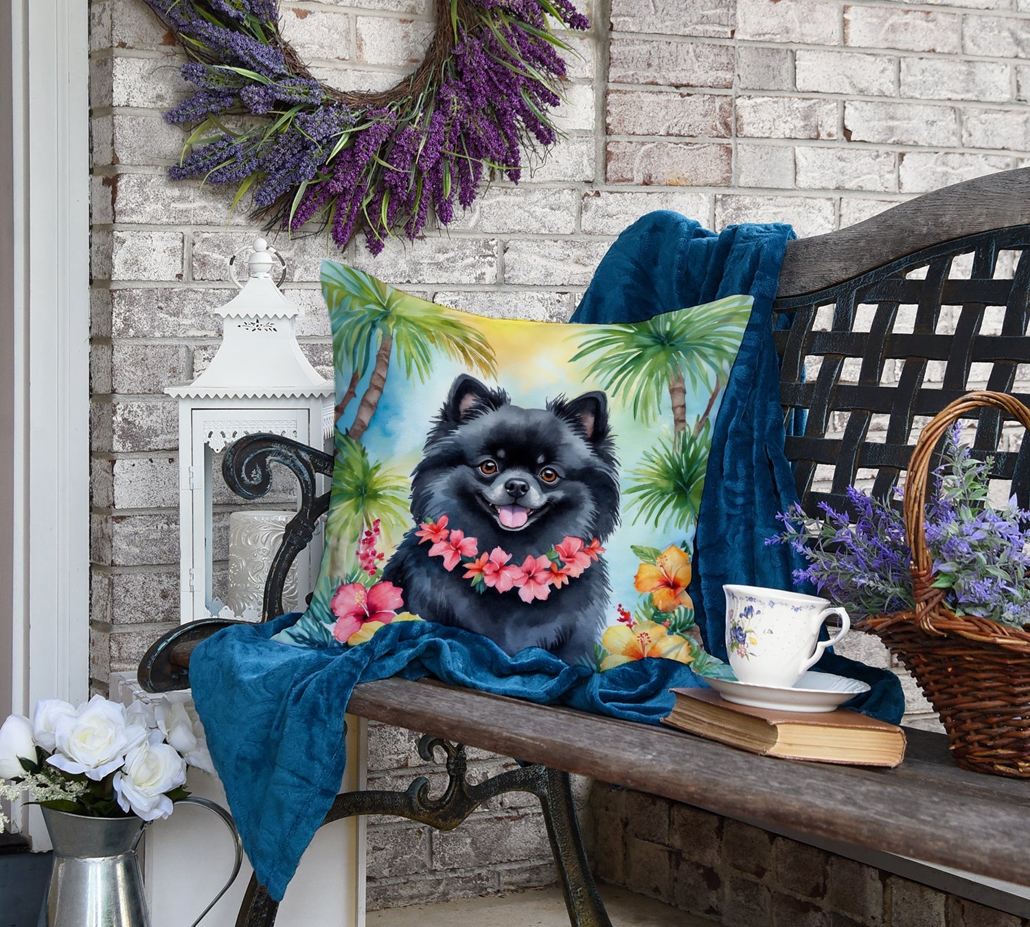 Pomeranian Luau Decorative Throw Pillow 18x18 Indoor Outdoor Accent Cushion, Fabric Cover with Insert for Sofa, Bed, Porch & Living Room