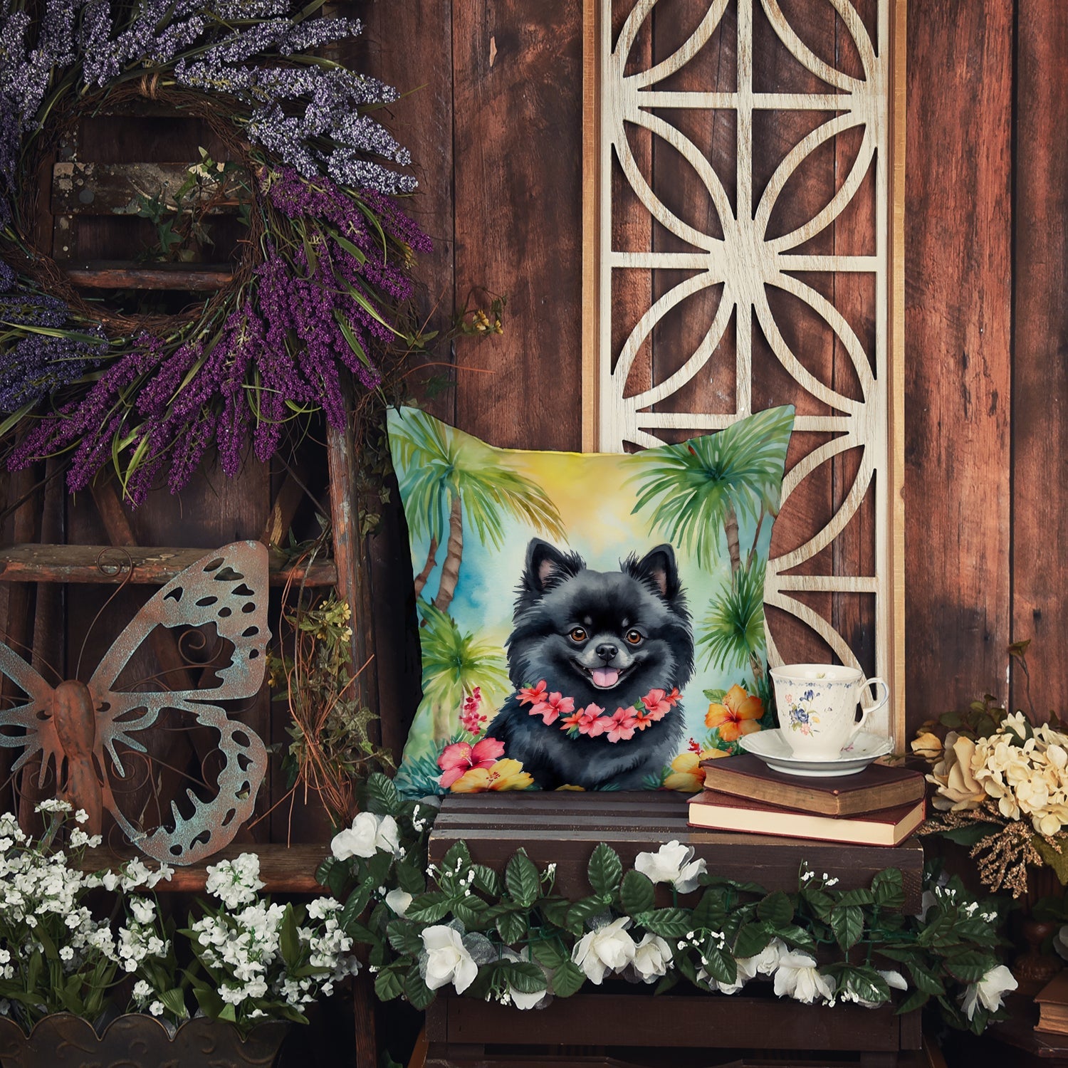Pomeranian Luau Decorative Throw Pillow 18x18 Indoor Outdoor Accent Cushion, Fabric Cover with Insert for Sofa, Bed, Porch & Living Room