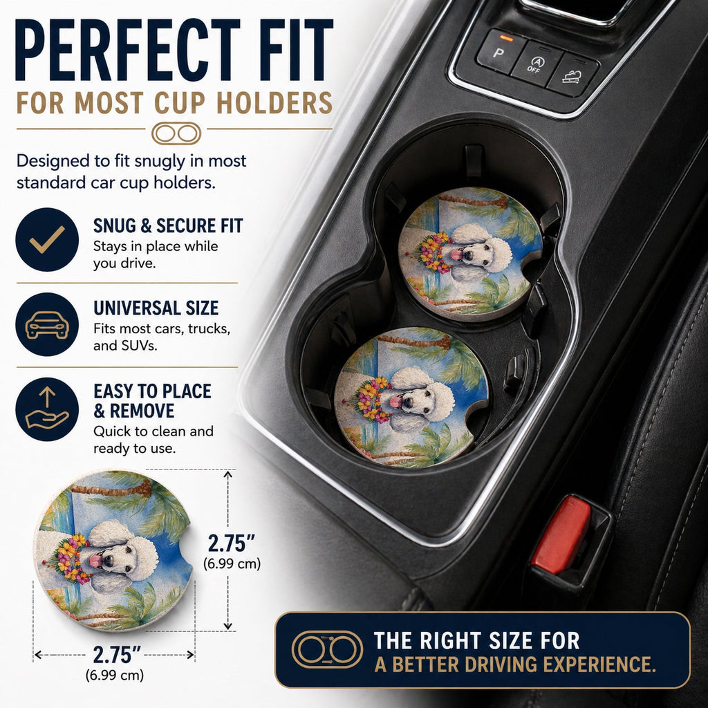 White Poodle Luau Set of 2 Cup Holder Car Coasters Absorbent Round Sandstone Coasters Gifts for Men or Women, 2.5, Multicolor