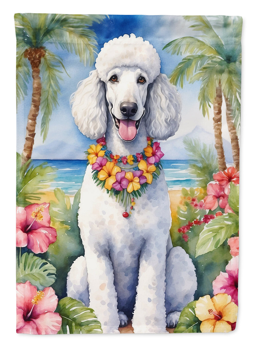 White Poodle Luau House Flag 28x40 Porch Sleeve Pole Decorative Outside Yard Banner Artwork Wall Hanging, Polyester