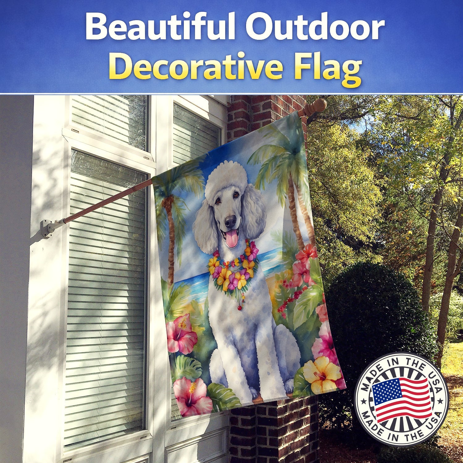 White Poodle Luau House Flag 28x40 Porch Sleeve Pole Decorative Outside Yard Banner Artwork Wall Hanging, Polyester