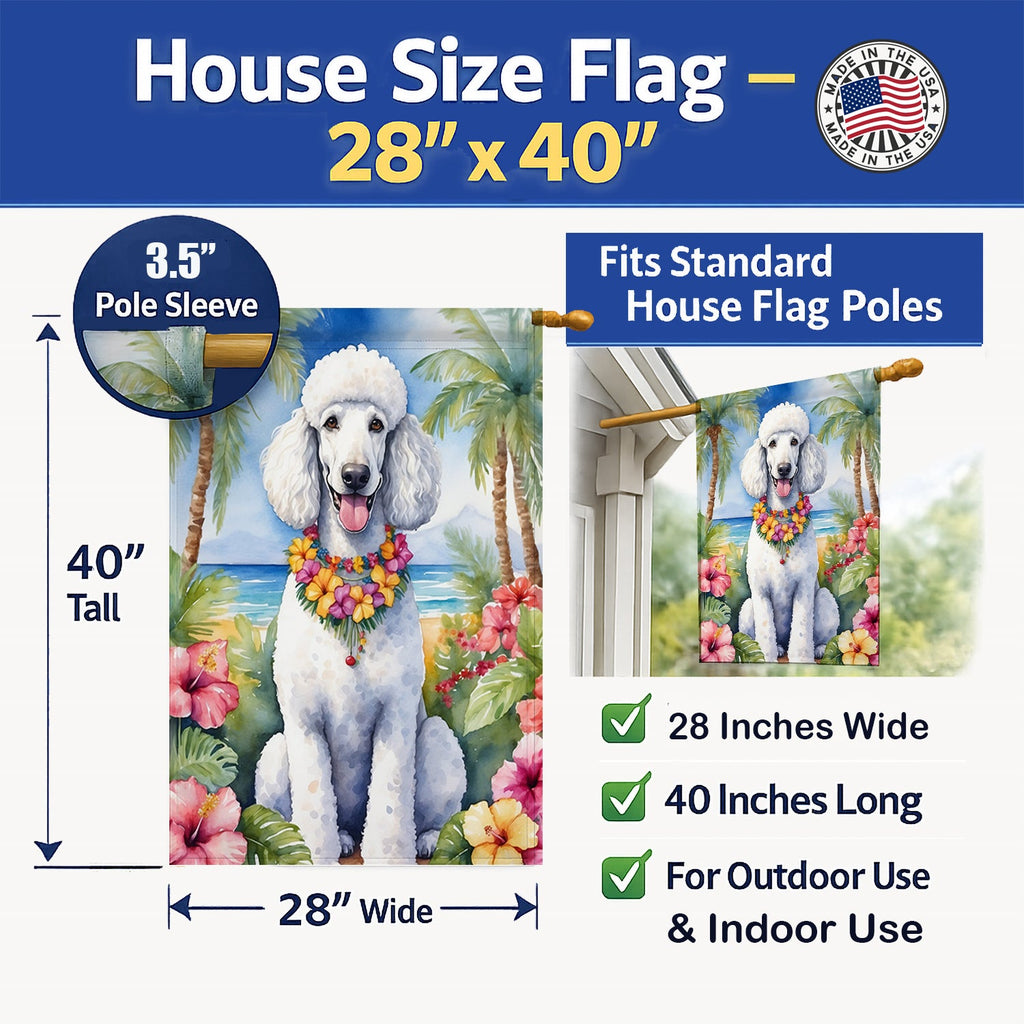 White Poodle Luau House Flag 28x40 Porch Sleeve Pole Decorative Outside Yard Banner Artwork Wall Hanging, Polyester