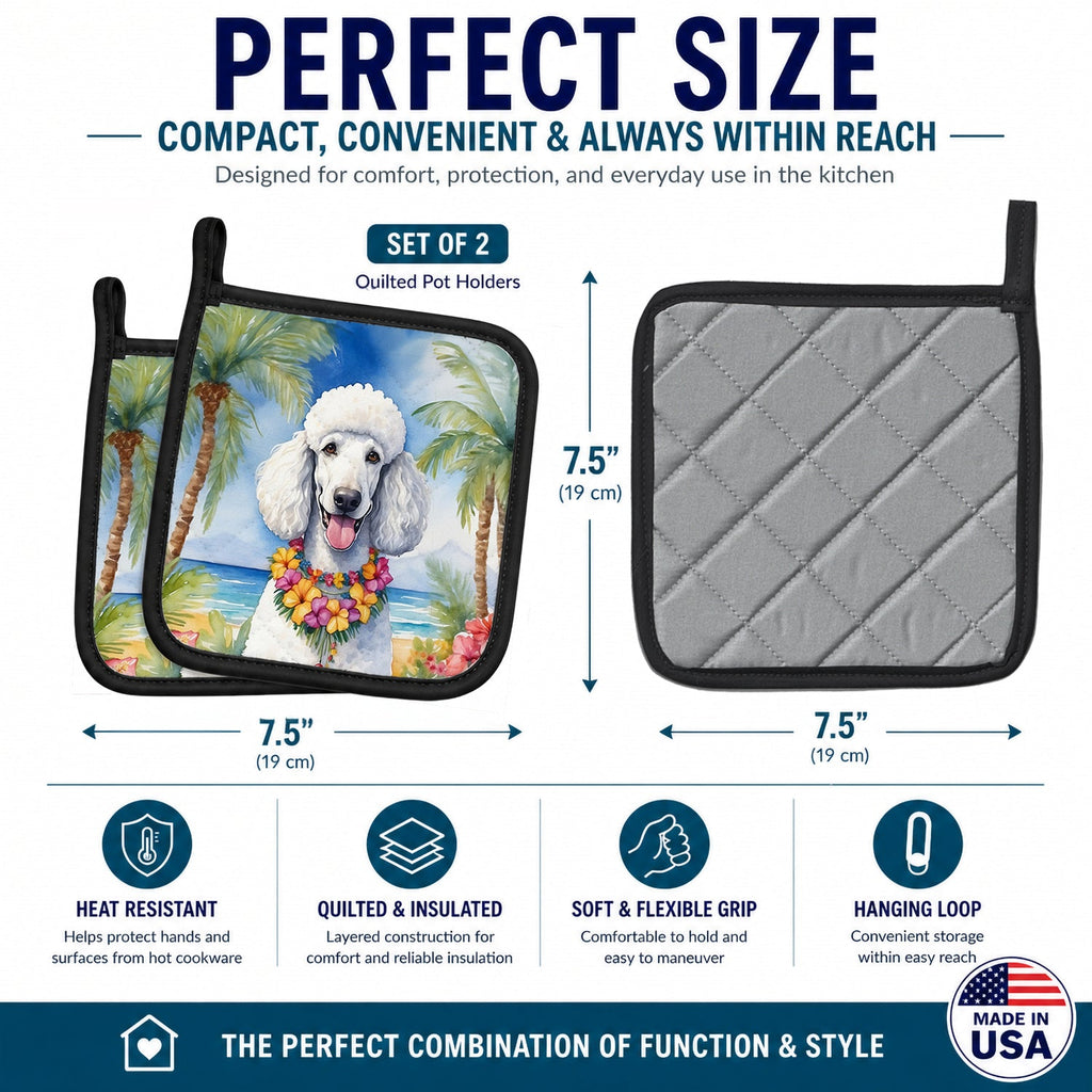 White Poodle Luau Pot Holder Set of 2 Heat Resistant Quilted Hot Pads 7.5 x 7.5 Inch, Insulated Kitchen Trivets for Cooking & Baking