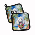 White Poodle Luau Pot Holder Set of 2 Heat Resistant Quilted Hot Pads 7.5 x 7.5 Inch, Insulated Kitchen Trivets for Cooking & Baking