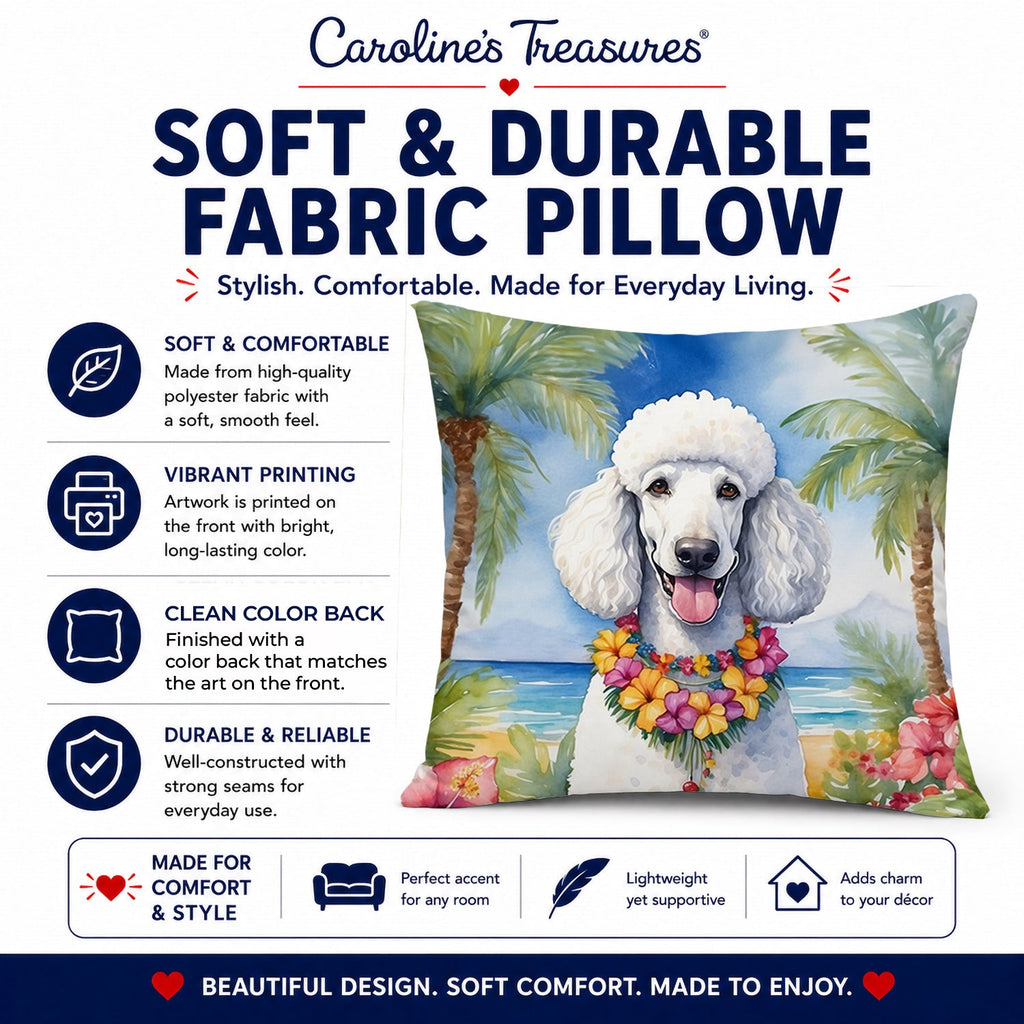 White Poodle Luau Decorative Throw Pillow 14x14 Indoor Outdoor Accent Cushion, Fabric Cover with Insert for Sofa, Bed, Porch & Living Room