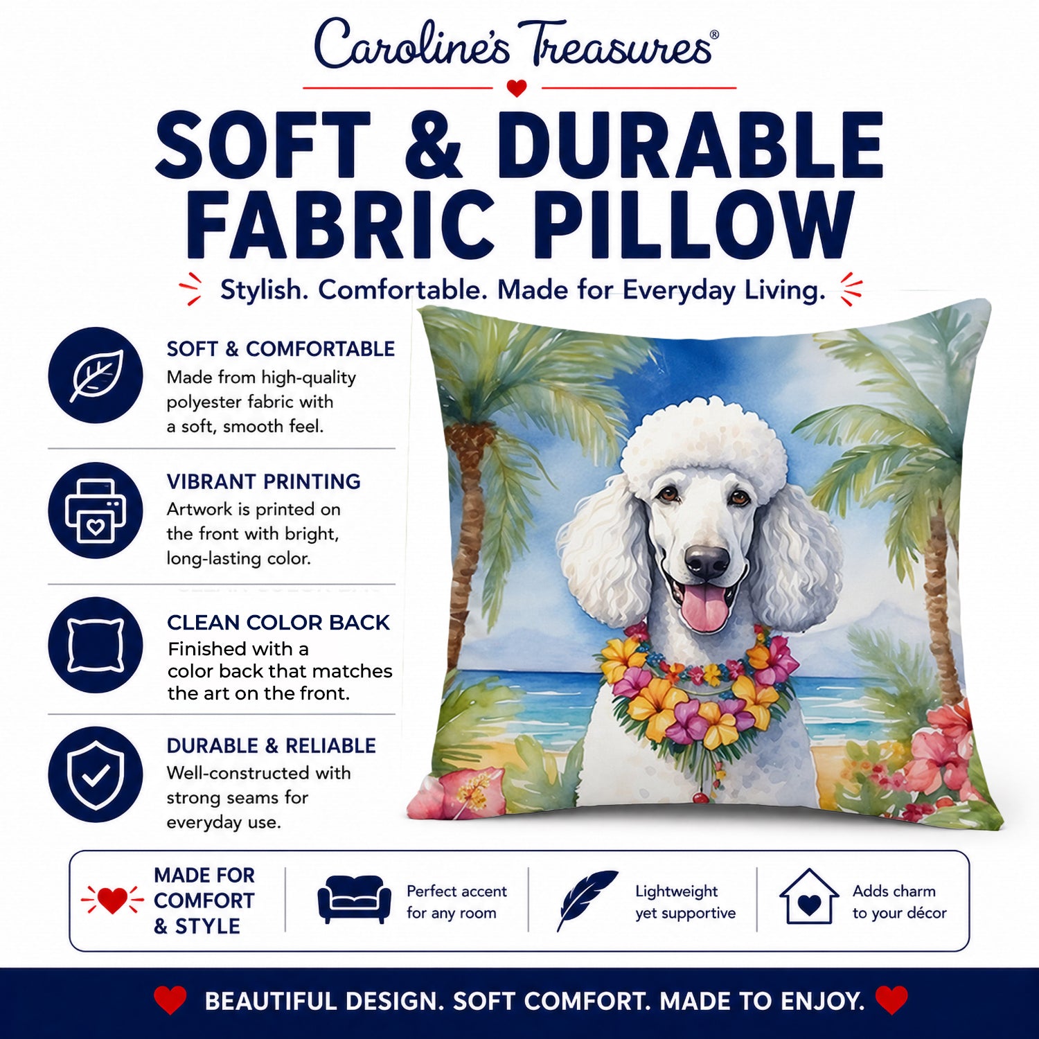 White Poodle Luau Decorative Throw Pillow 14x14 Indoor Outdoor Accent Cushion, Fabric Cover with Insert for Sofa, Bed, Porch & Living Room