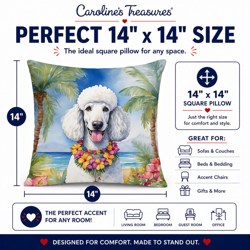 White Poodle Luau Decorative Throw Pillow 14x14 Indoor Outdoor Accent Cushion, Fabric Cover with Insert for Sofa, Bed, Porch & Living Room