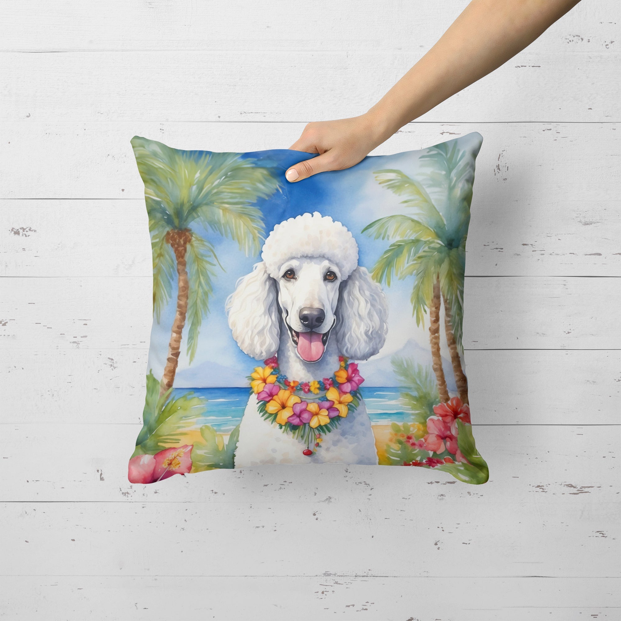 White Poodle Luau Decorative Throw Pillow 18x18 Indoor Outdoor Accent Cushion, Fabric Cover with Insert for Sofa, Bed, Porch & Living Room