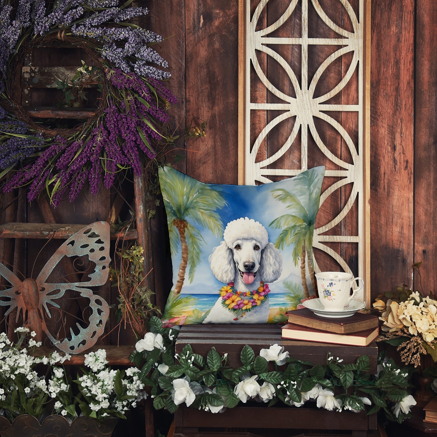 White Poodle Luau Decorative Throw Pillow 18x18 Indoor Outdoor Accent Cushion, Fabric Cover with Insert for Sofa, Bed, Porch & Living Room