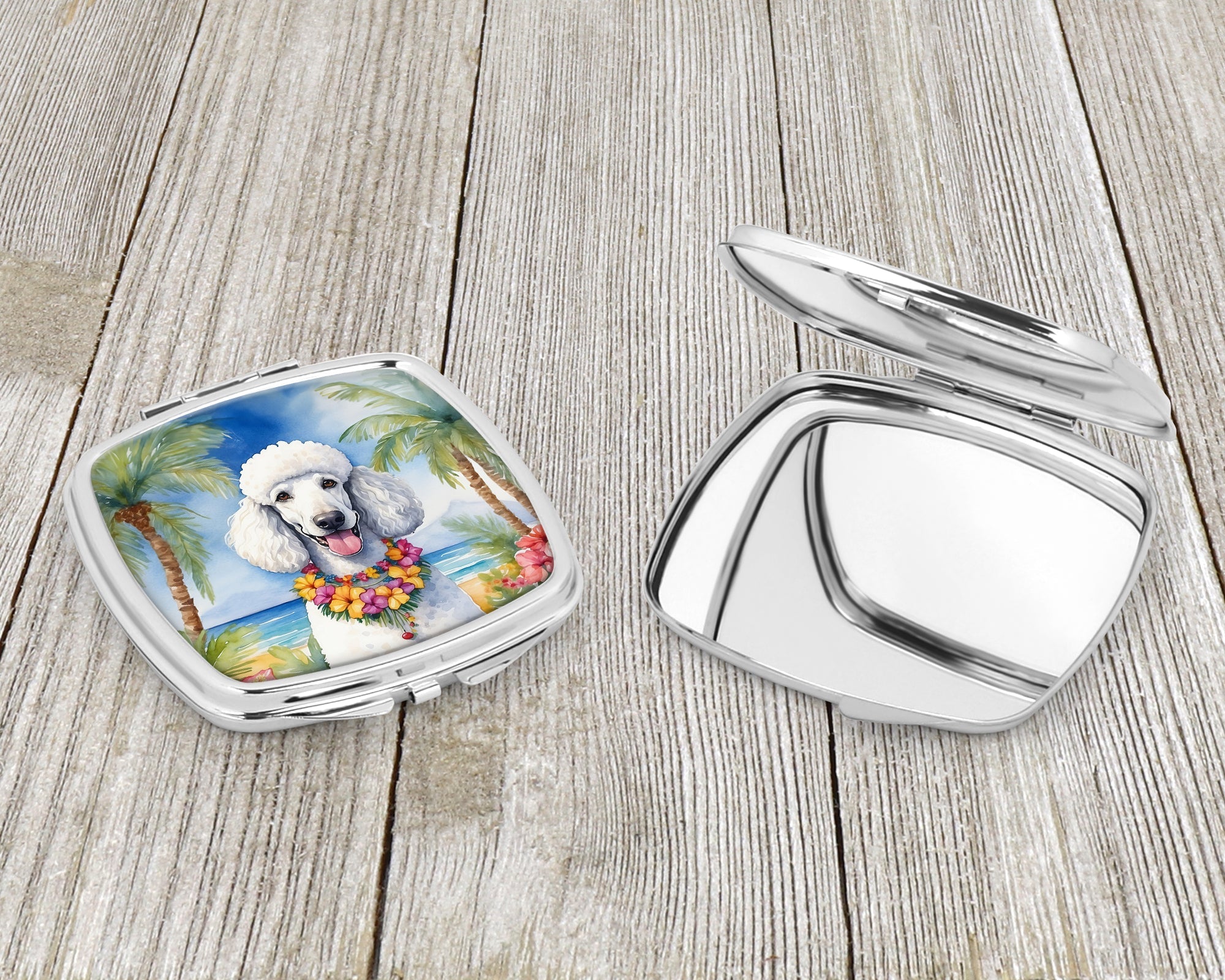 White Poodle Luau Compact Mirror Decorative Travel Makeup Mirror for Women Girls Gifts Pocket Makeup Mirror Folding Handheld