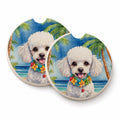 White Poodle Luau Set of 2 Cup Holder Car Coasters Absorbent Round Sandstone Coasters Gifts for Men or Women, 2.5, Multicolor