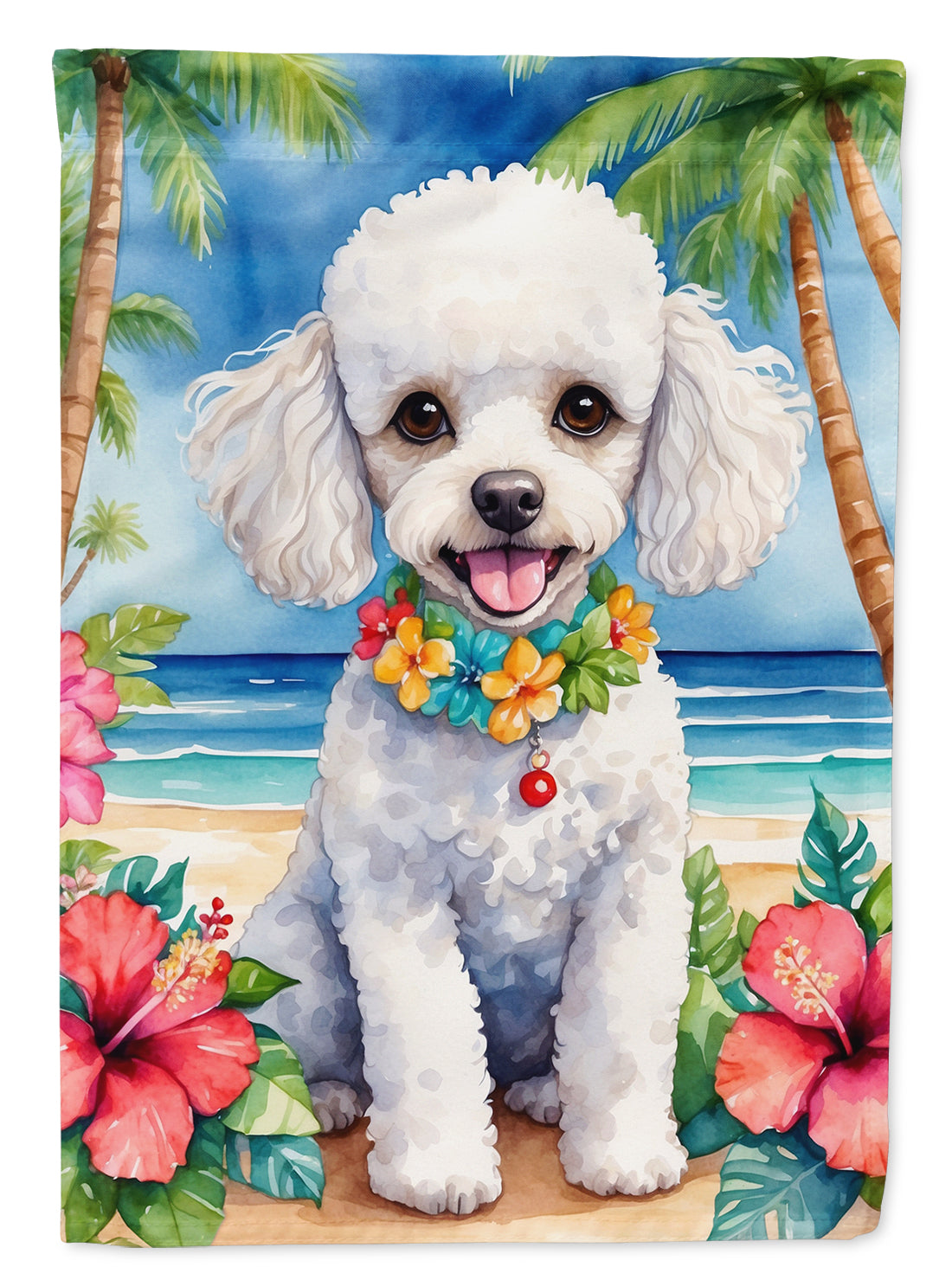 White Poodle Luau House Flag 28x40 Porch Sleeve Pole Decorative Outside Yard Banner Artwork Wall Hanging, Polyester
