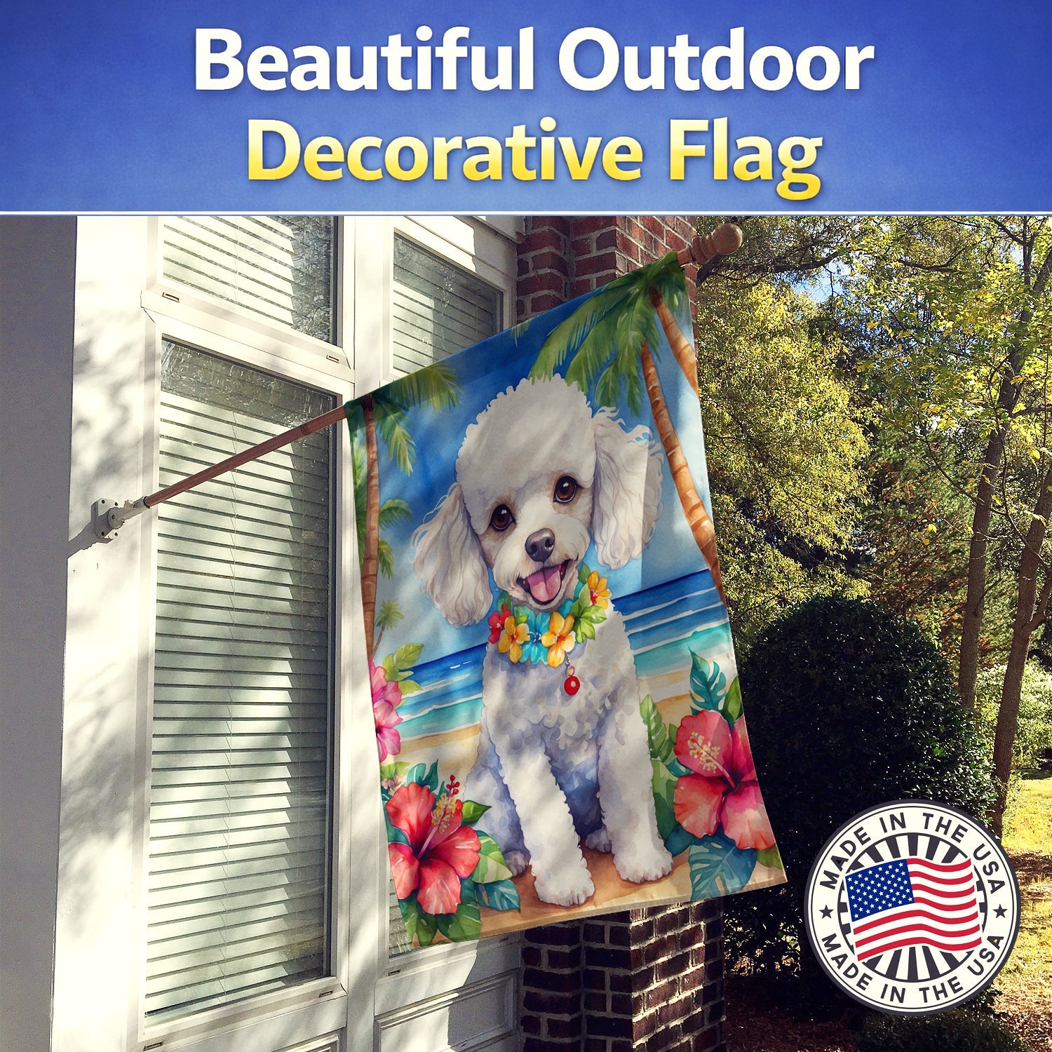 White Poodle Luau House Flag 28x40 Porch Sleeve Pole Decorative Outside Yard Banner Artwork Wall Hanging, Polyester